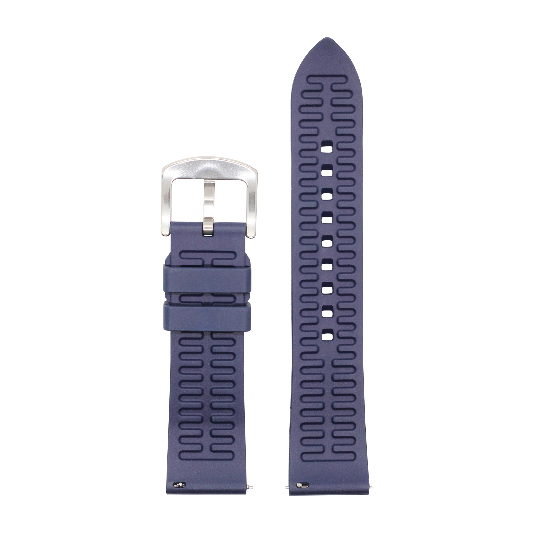 Navy blue quick release FKM rubber watch strap with textured pattern and silver buckle on white background