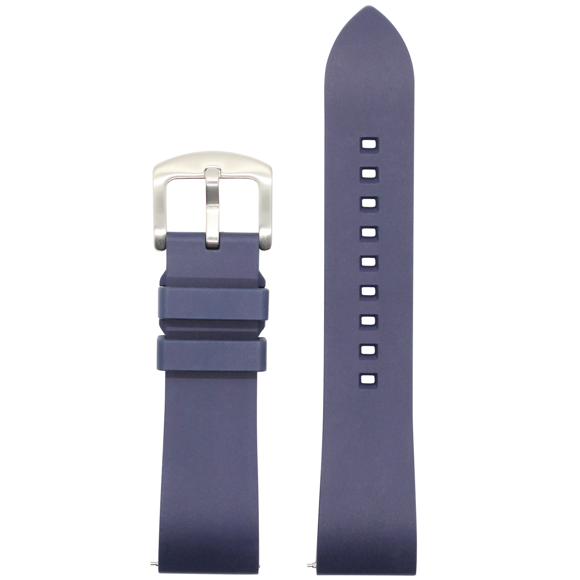 Navy blue rubber watch band with quick release pins and silver buckle