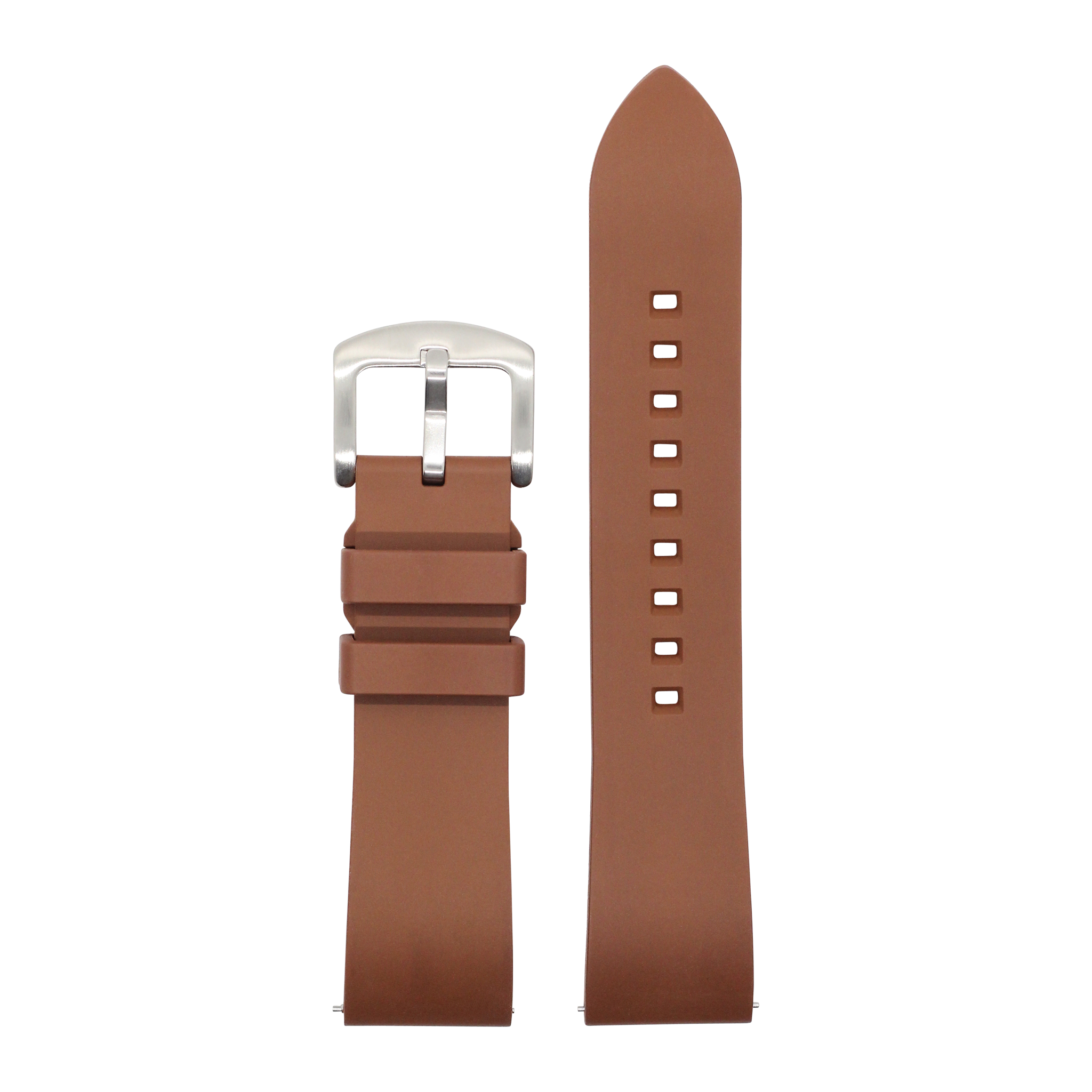 Brown FKM rubber quick release watch band with silver buckle and rectangular perforations