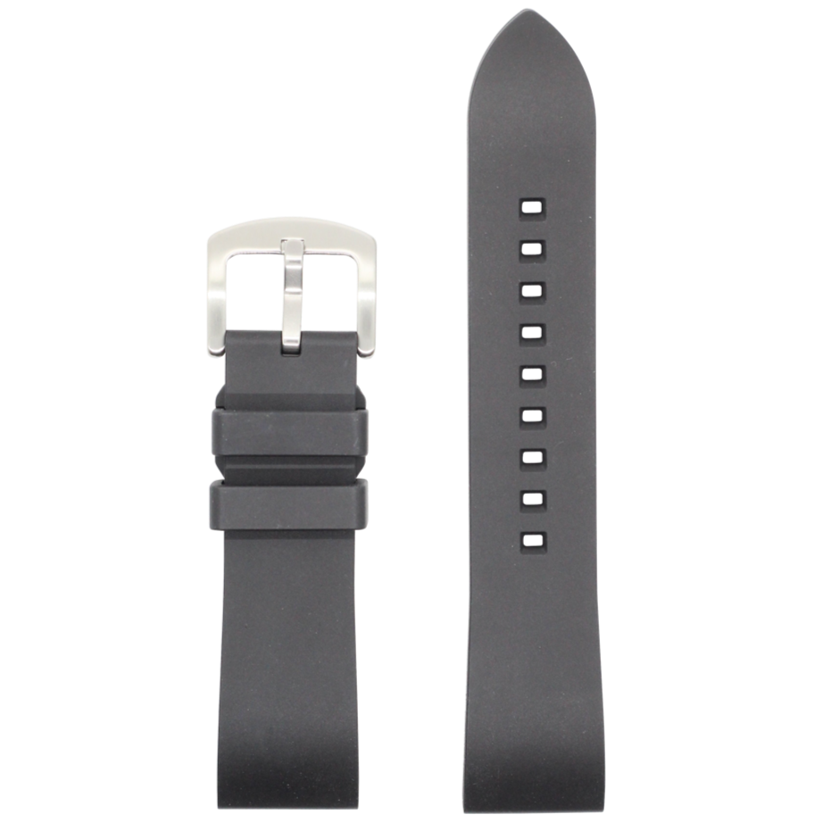 Black FKM rubber quick release watch strap with silver buckle and adjustment holes