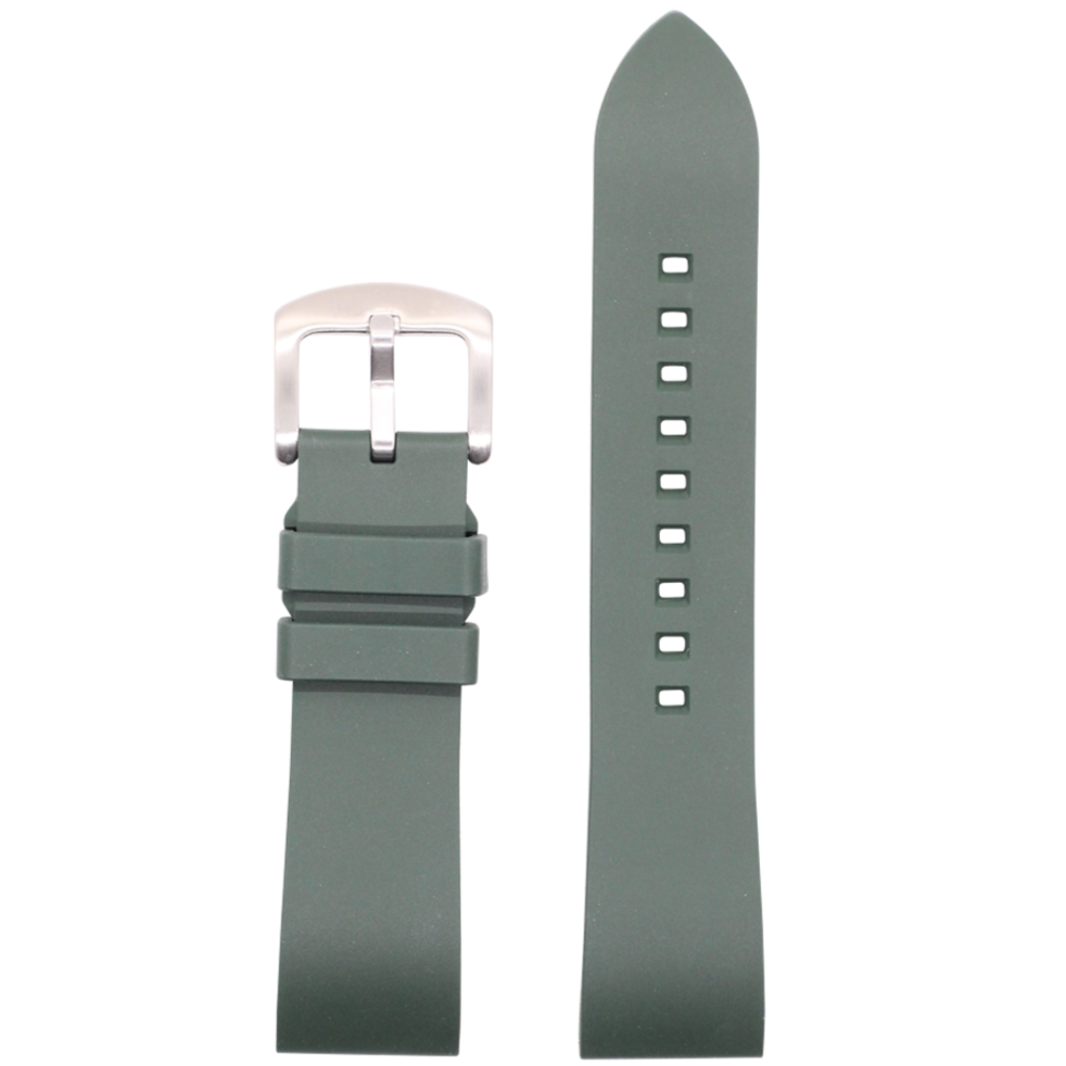 Sage green silicone watch band with quick release pins and silver buckle, shown folded and extended