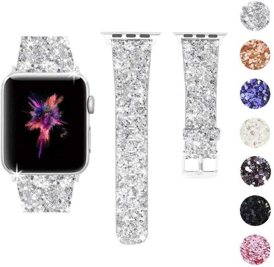 Silver glitter Apple Watch band with matching smartwatch and interchangeable color options including rose gold, blue, and pink