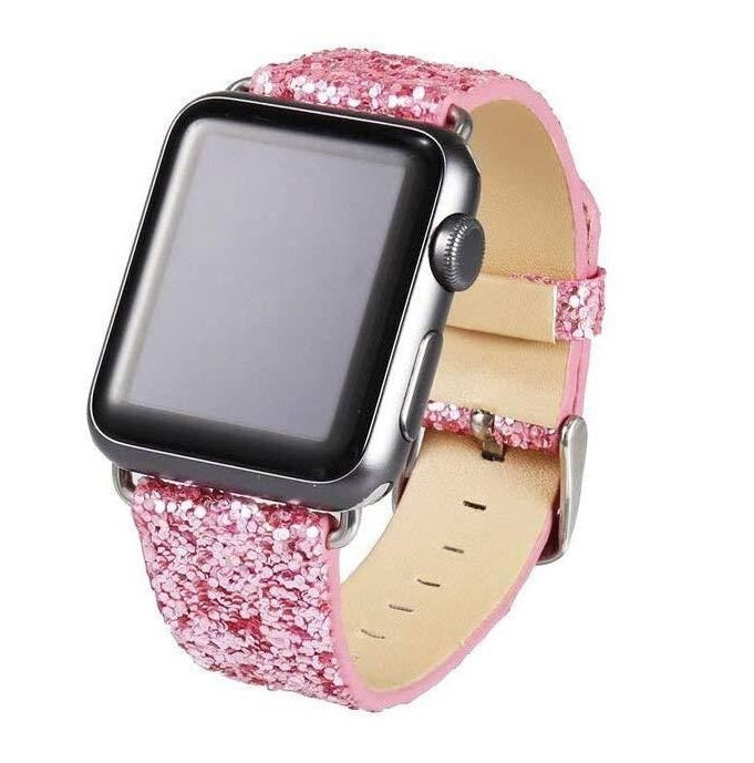 Pink glitter smartwatch band with silver stainless steel case and connector for Apple Watch