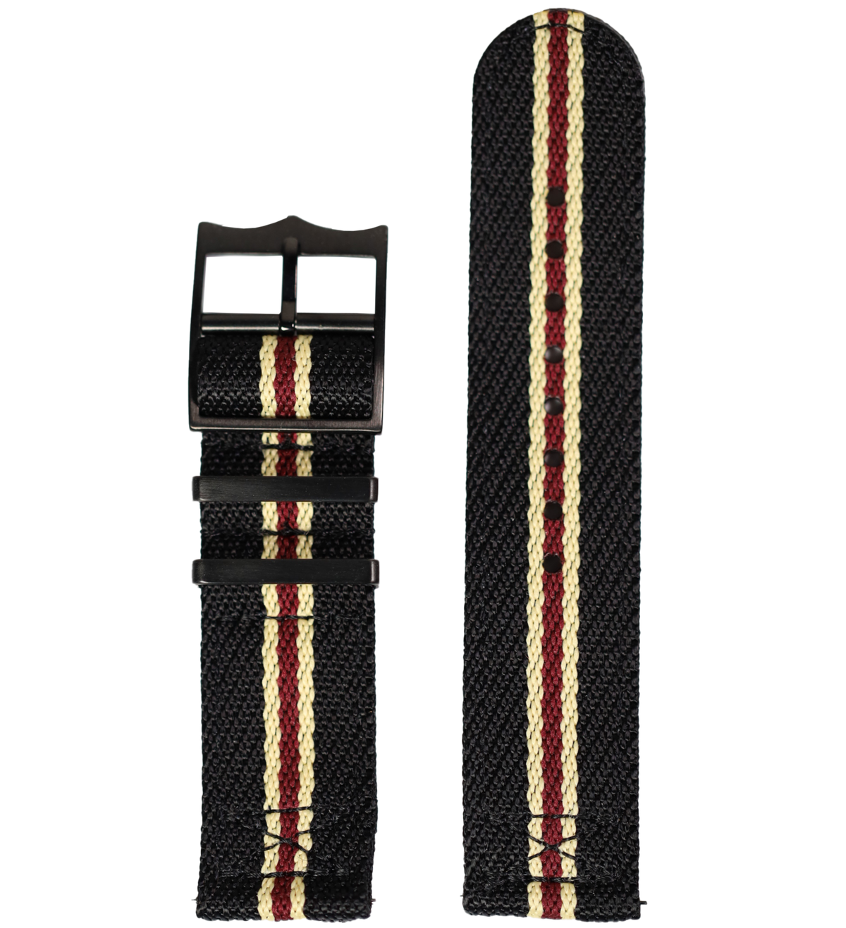 Black nylon watch strap with cream and maroon stripes and black hardware buckle for Fitbit Versa and Sense smartwatches