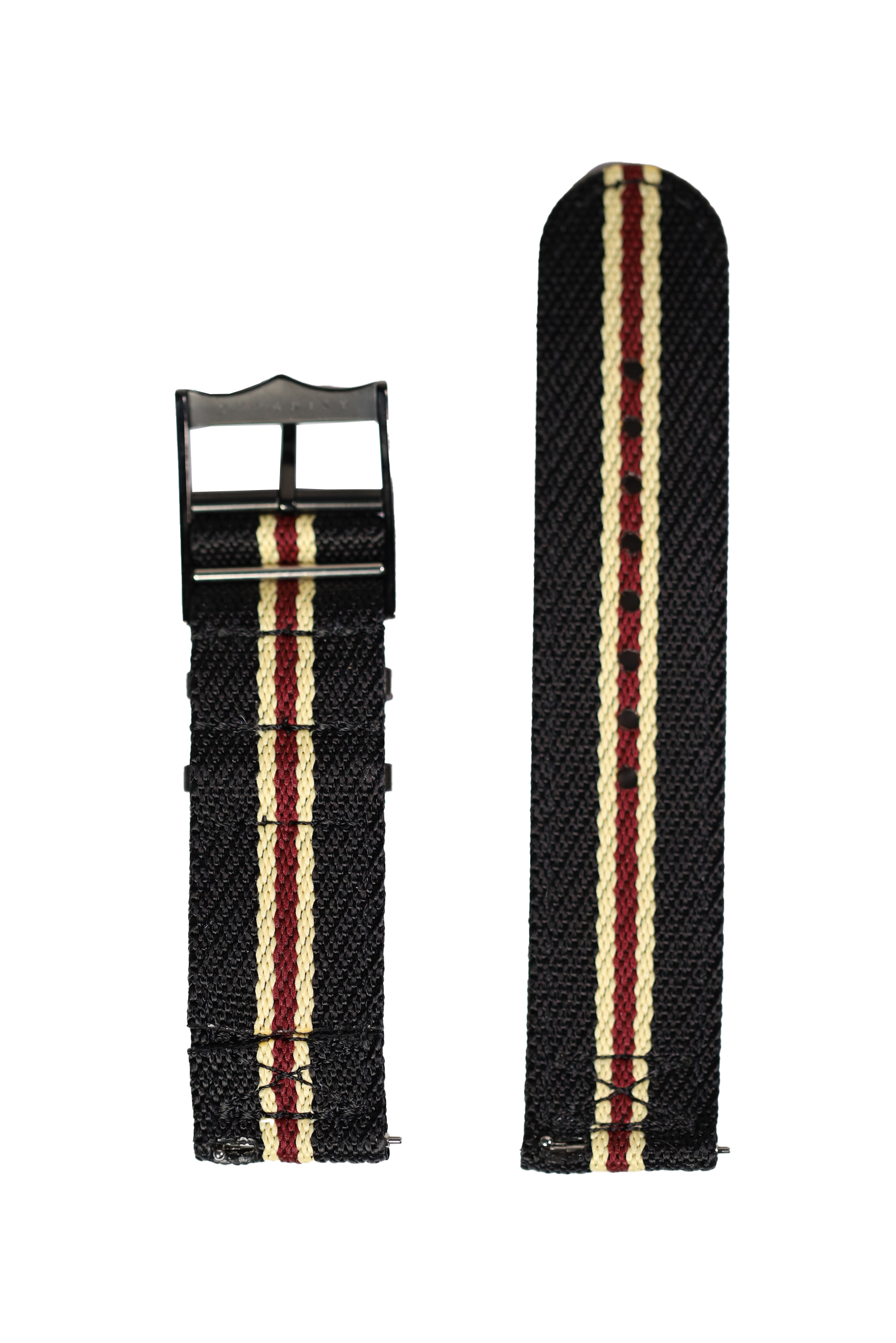 Black military-style watch strap with cream and maroon stripes, shown folded and extended with gunmetal buckle