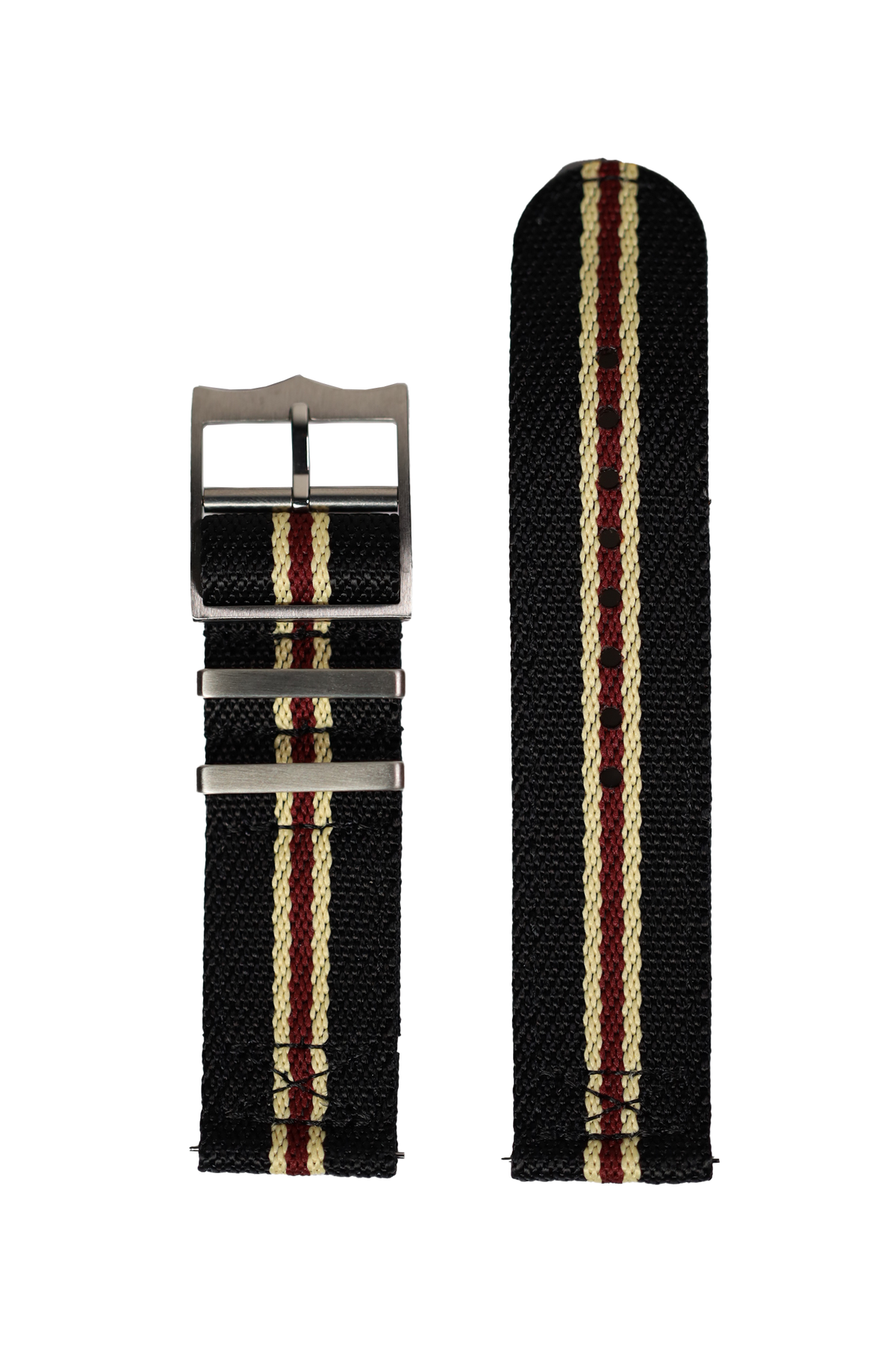 Black canvas watch strap with beige and maroon stripes, QuickFit 26mm military style band with stainless steel buckle