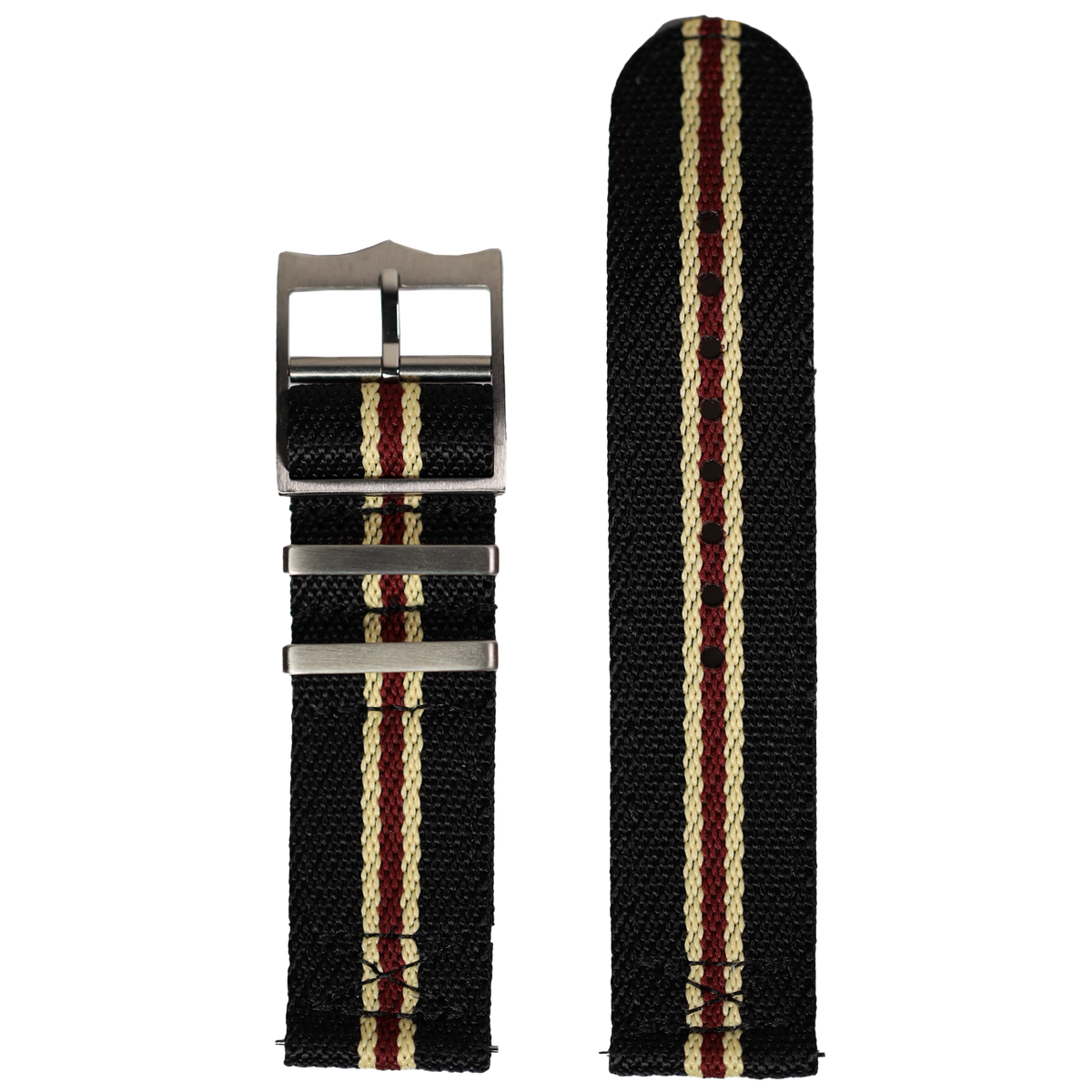 Black fabric watch band with vertical beige and maroon stripes, stainless steel buckle, compatible with Fitbit Versa and Sense watches