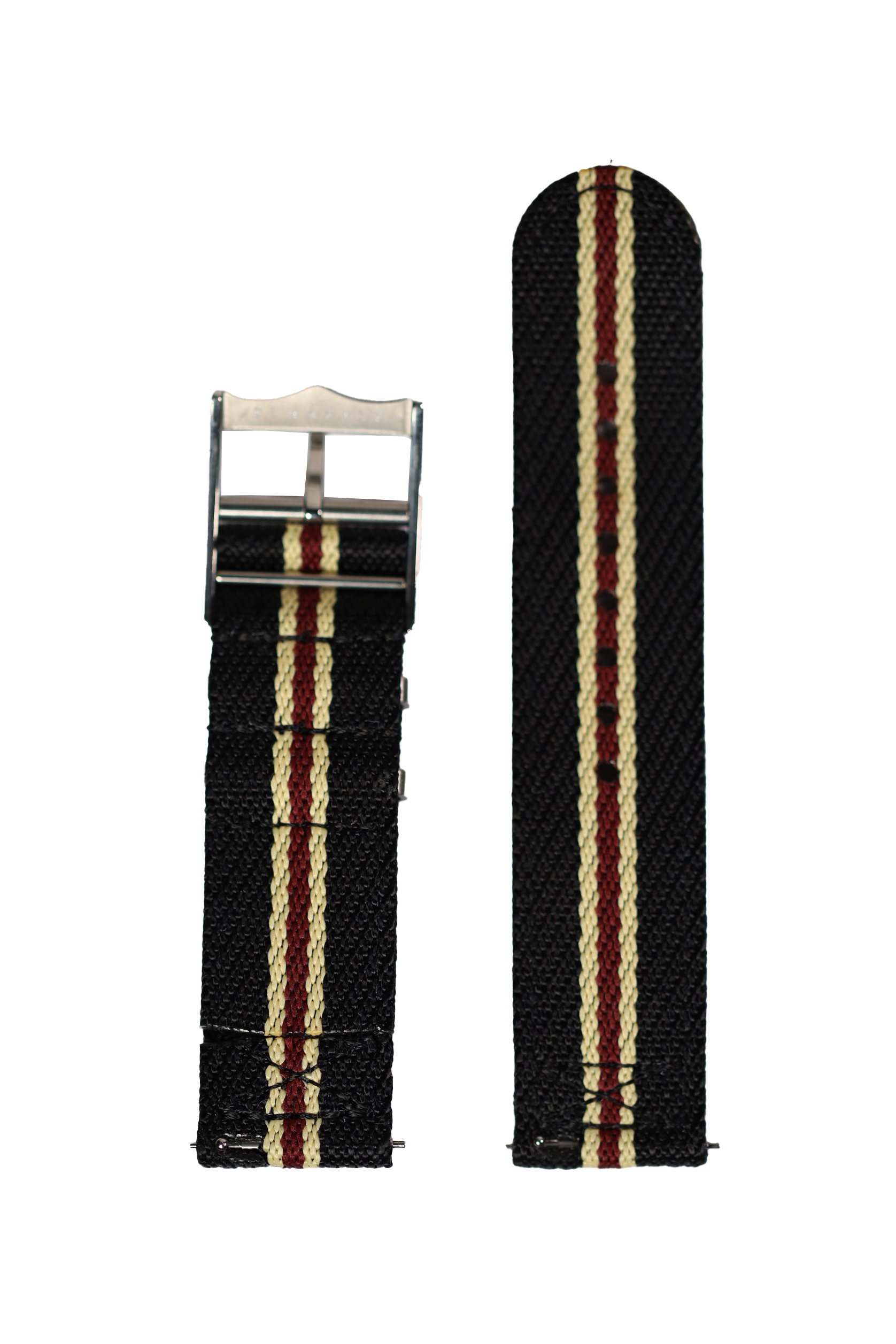 Black canvas watch strap with cream and burgundy stripes, metal buckle, shown folded and unfolded