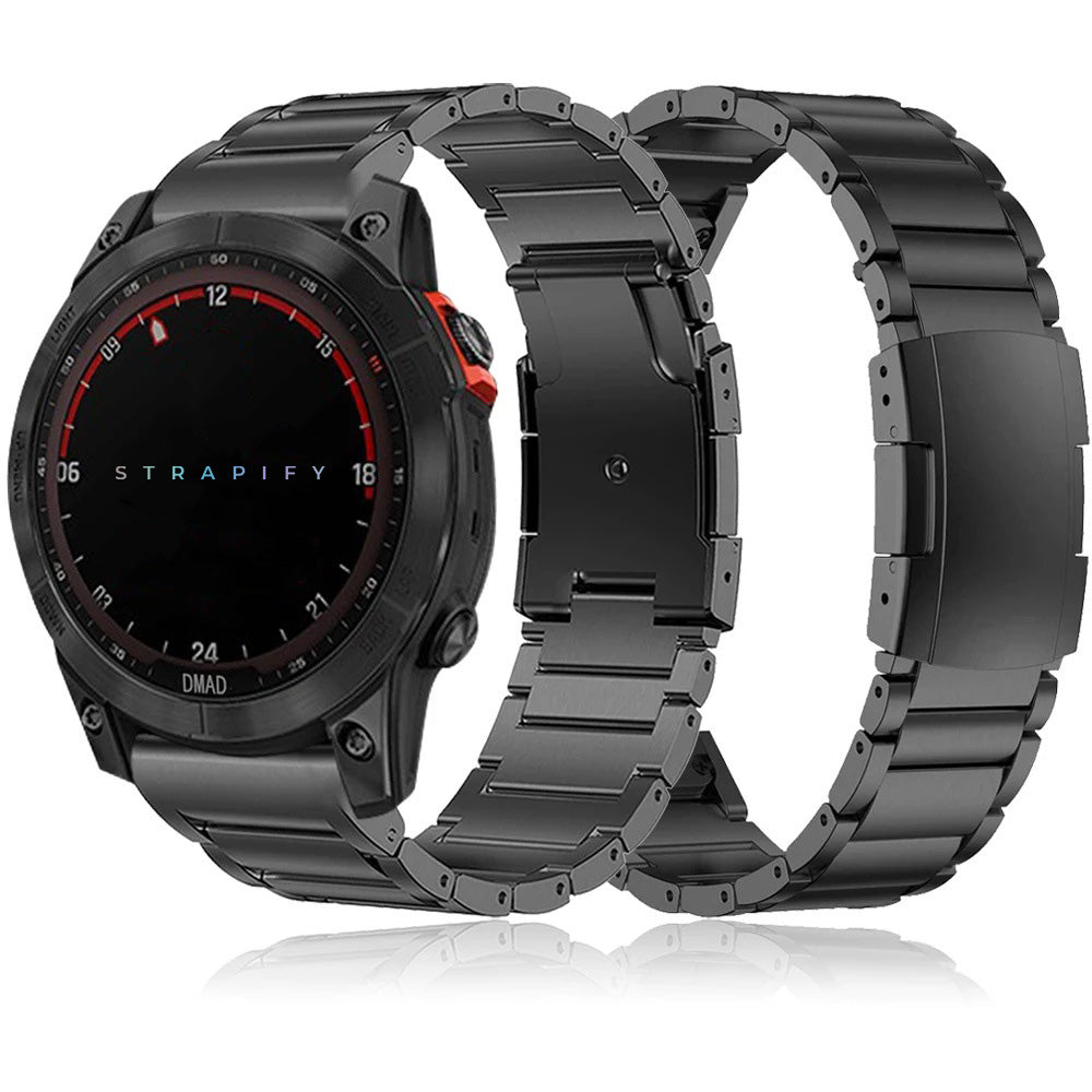 Black titanium metal watch band with quick-fit connector system and matching smartwatch with red accents