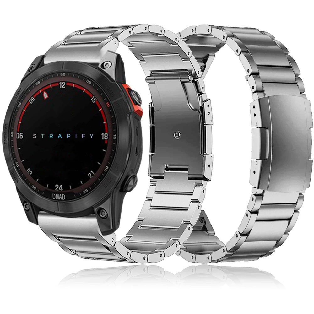 Strapify smartwatch with titanium silver bracelet strap and two interchangeable metal bands displayed front and back view