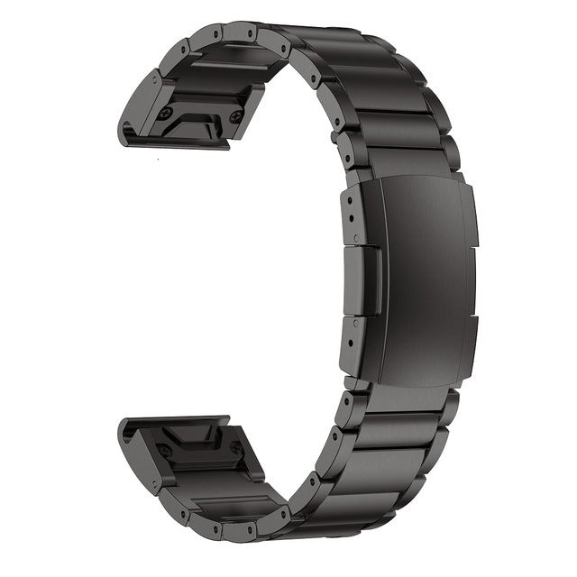 Black titanium smartwatch band with quick-fit bracelet links and metal clasp closure