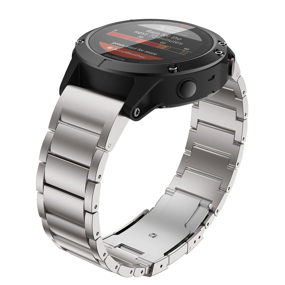 Garmin QuickFit titanium luxe bracelet in silver with black smartwatch case and AMOLED display