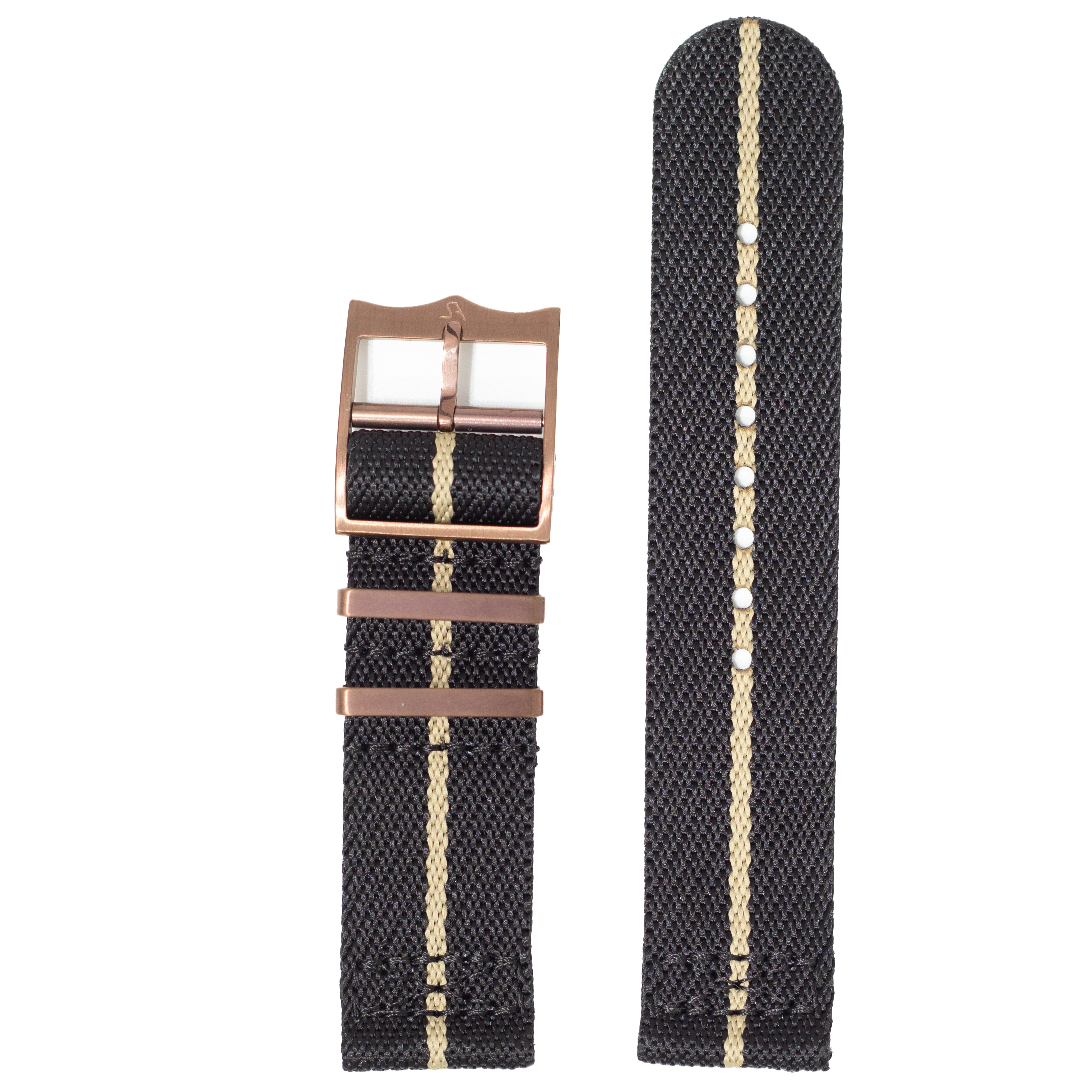 Black and wheat woven fabric watch strap 26mm with bronze buckle and quick release bars