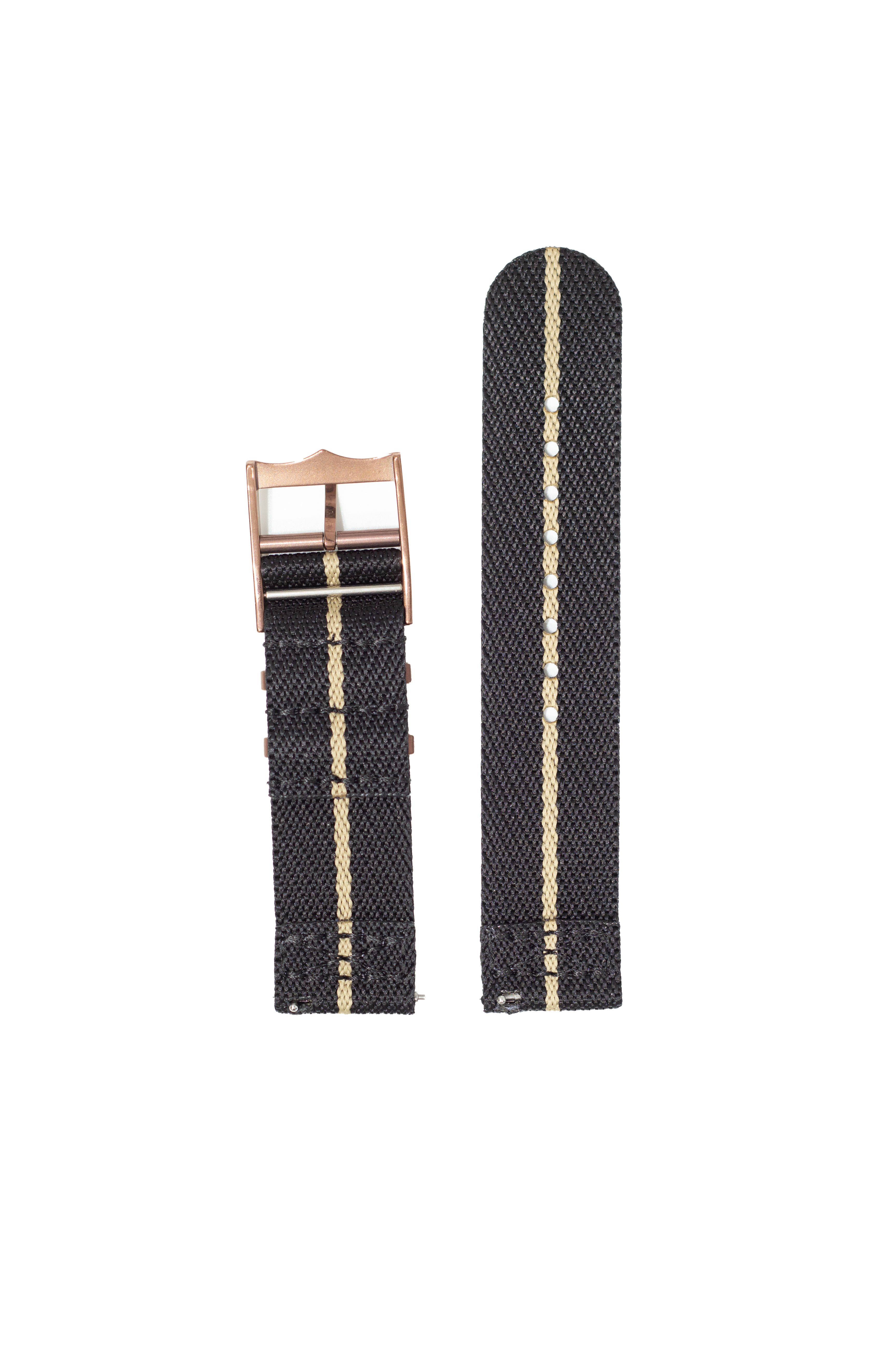 Black canvas watch band with tan stripe and bronze buckle, shown fastened and unfastened against white background