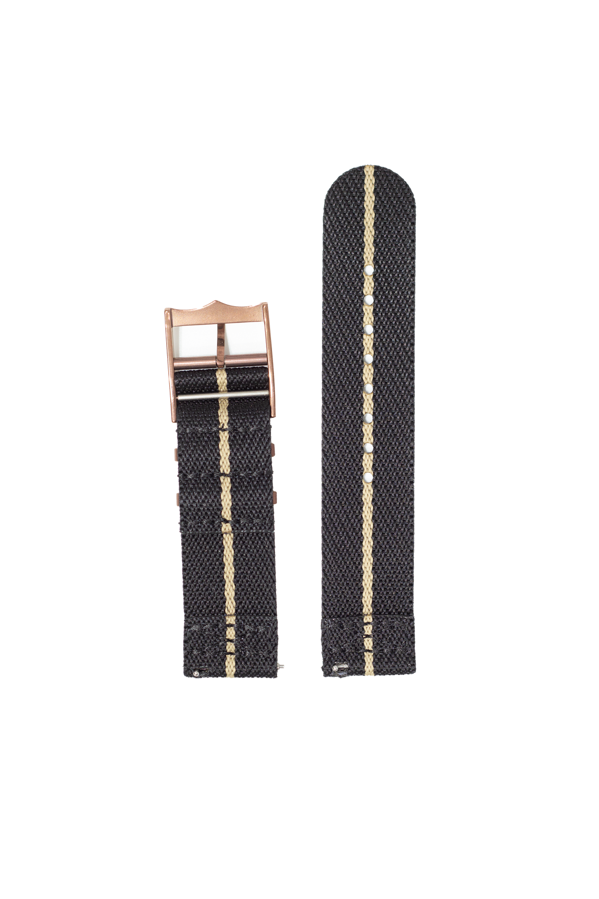 Black woven fabric watch band with cream stripe and bronze buckle, shown attached and unattached for Fitbit Versa and Sense smartwatches