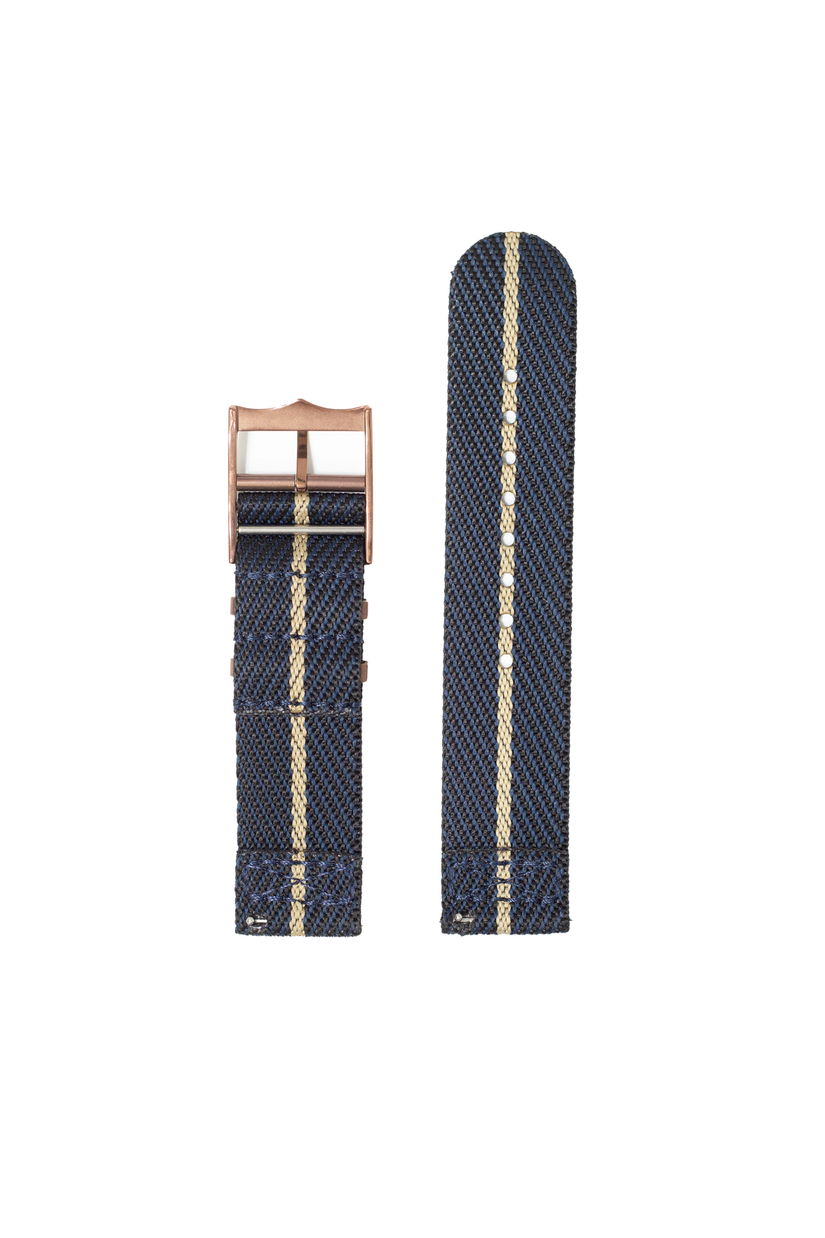 Navy blue woven fabric watch strap with cream stripe and bronze hardware for Fitbit Versa Sense smartwatch