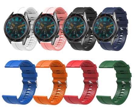 Smartwatch with interchangeable silicone bands in white, pink, black, and navy, plus blue, orange, red, and green replacement straps