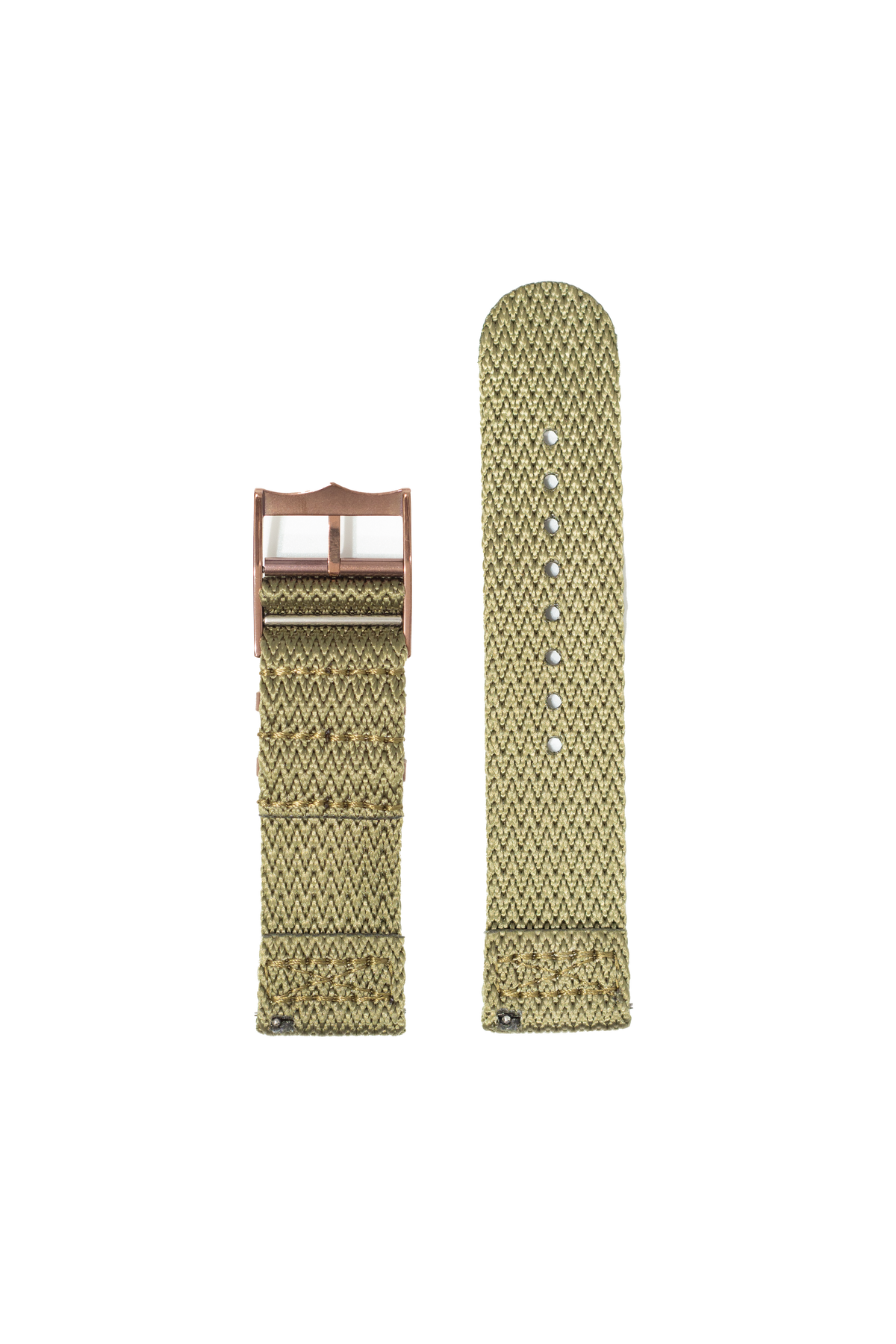 Olive green nylon weave watch band with rose gold hardware for Fitbit Versa and Sense smartwatches, shown assembled and unassembled