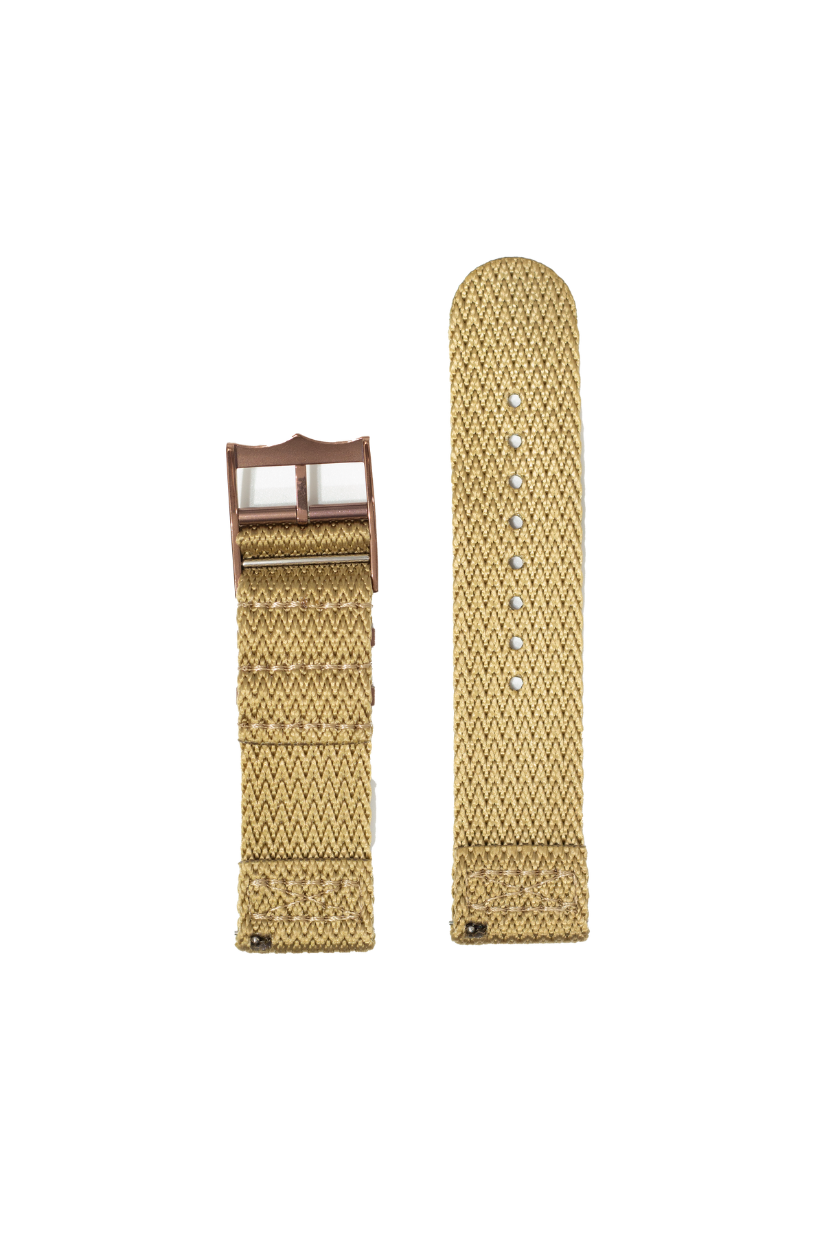 Tan woven fabric watch bands with bronze buckle hardware, displayed folded and unfolded for Fitbit Versa and Sense smartwatches