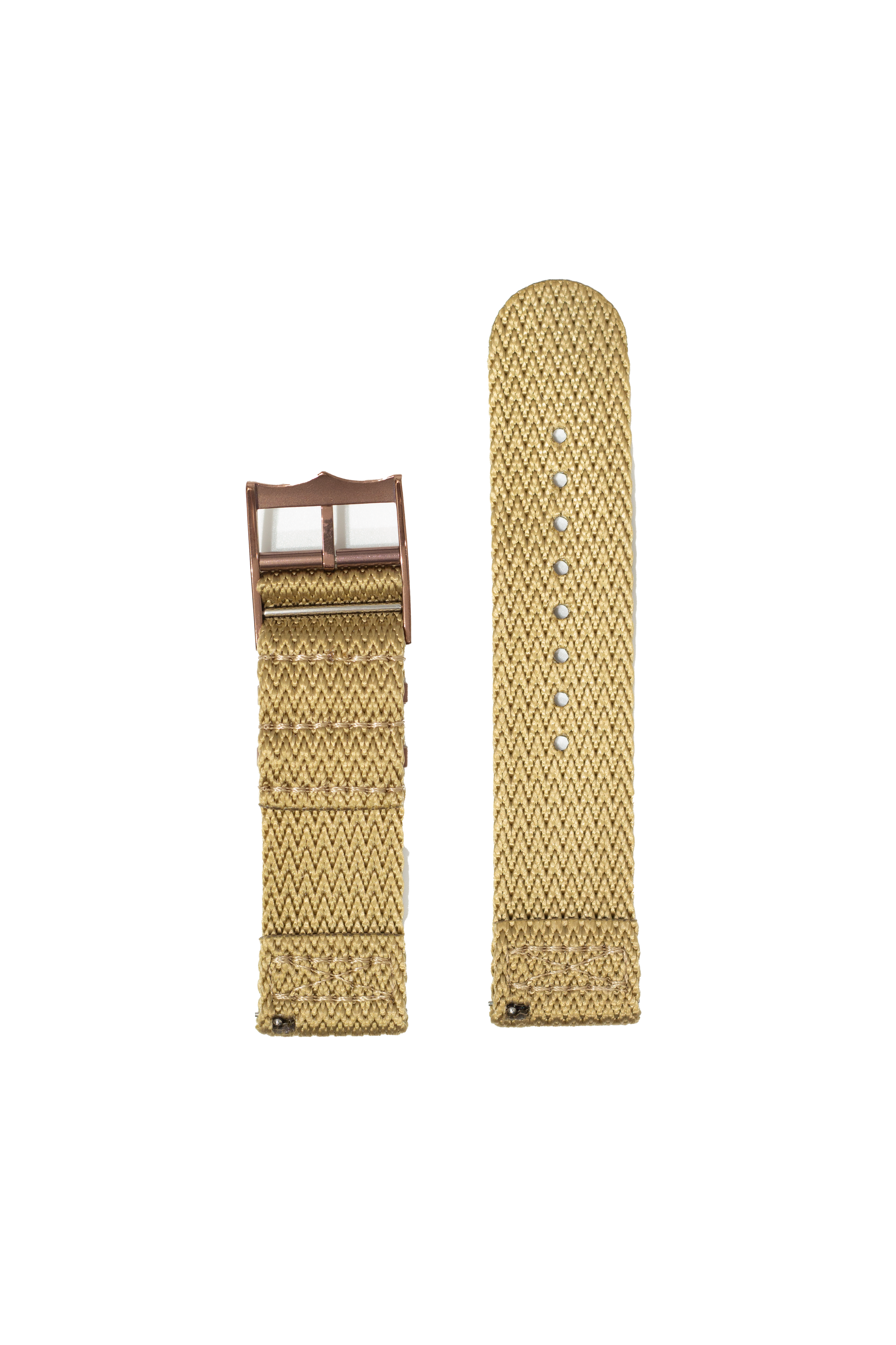 Tan woven fabric watch band with bronze hardware buckle, shown folded and unfolded for Fitbit Versa and Sense smartwatches