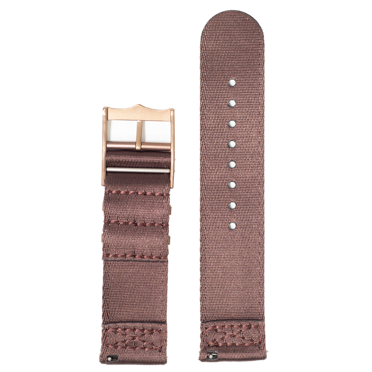 Brown canvas watch band with rose gold buckle and adjustment holes, displayed extended and folded for Fitbit Versa and Sense smartwatches