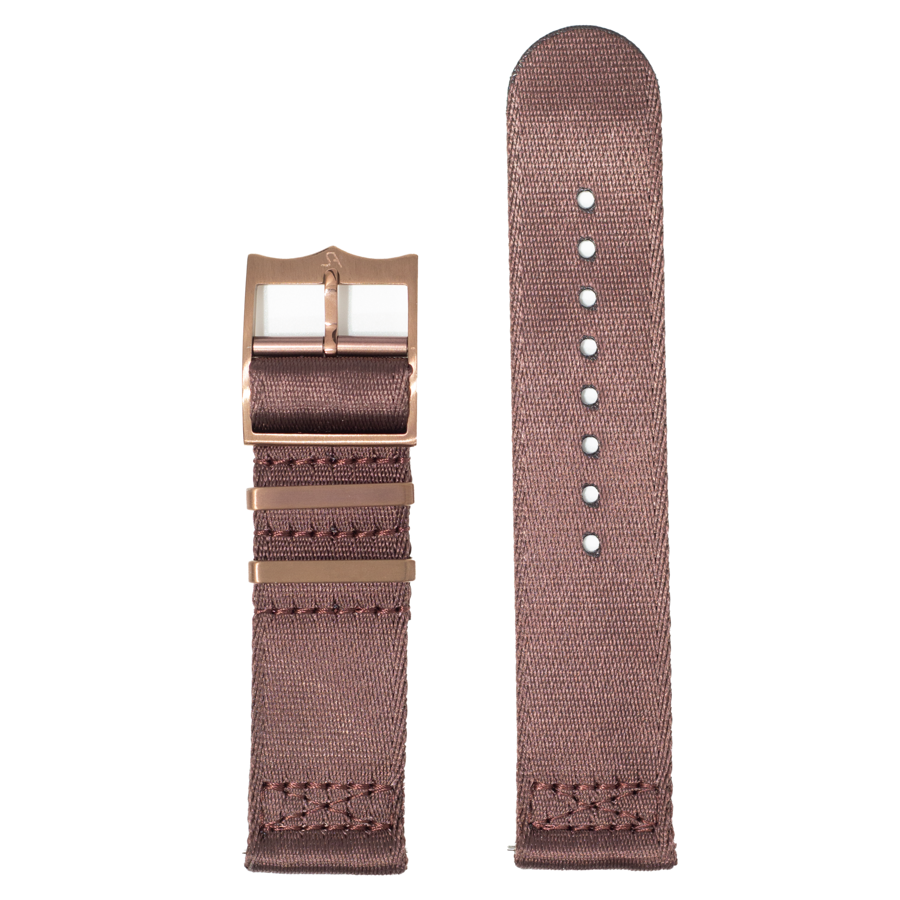 QuickFit Ultra Militex coffee brown watch strap with rose gold buckle and adjustment holes