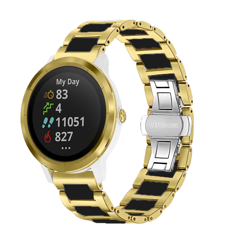 Gold and black ceramic steel bracelet smartwatch displaying health metrics on AMOLED screen with stainless steel clasp