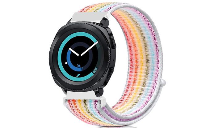 Black smartwatch with colorful rainbow striped velcro sports loop band, quick release fastener