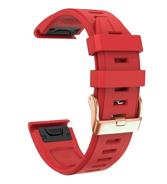 Red silicone smartwatch band with rose gold buckle, quick-fit 20mm connector, flexible sport strap with ventilation holes