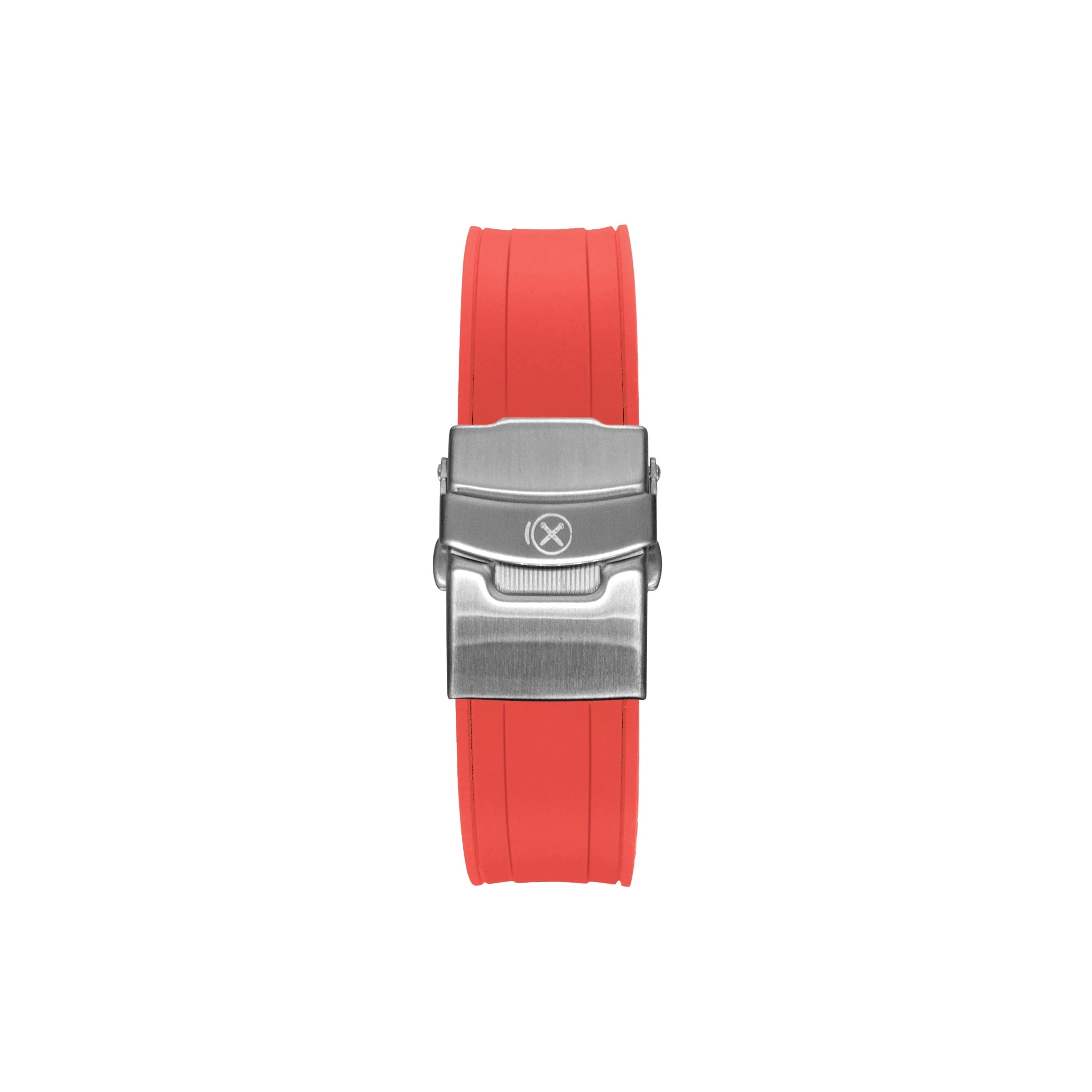 Red rubber curved-end watch strap with brushed steel deployment buckle for Seiko 5 Sports GMT