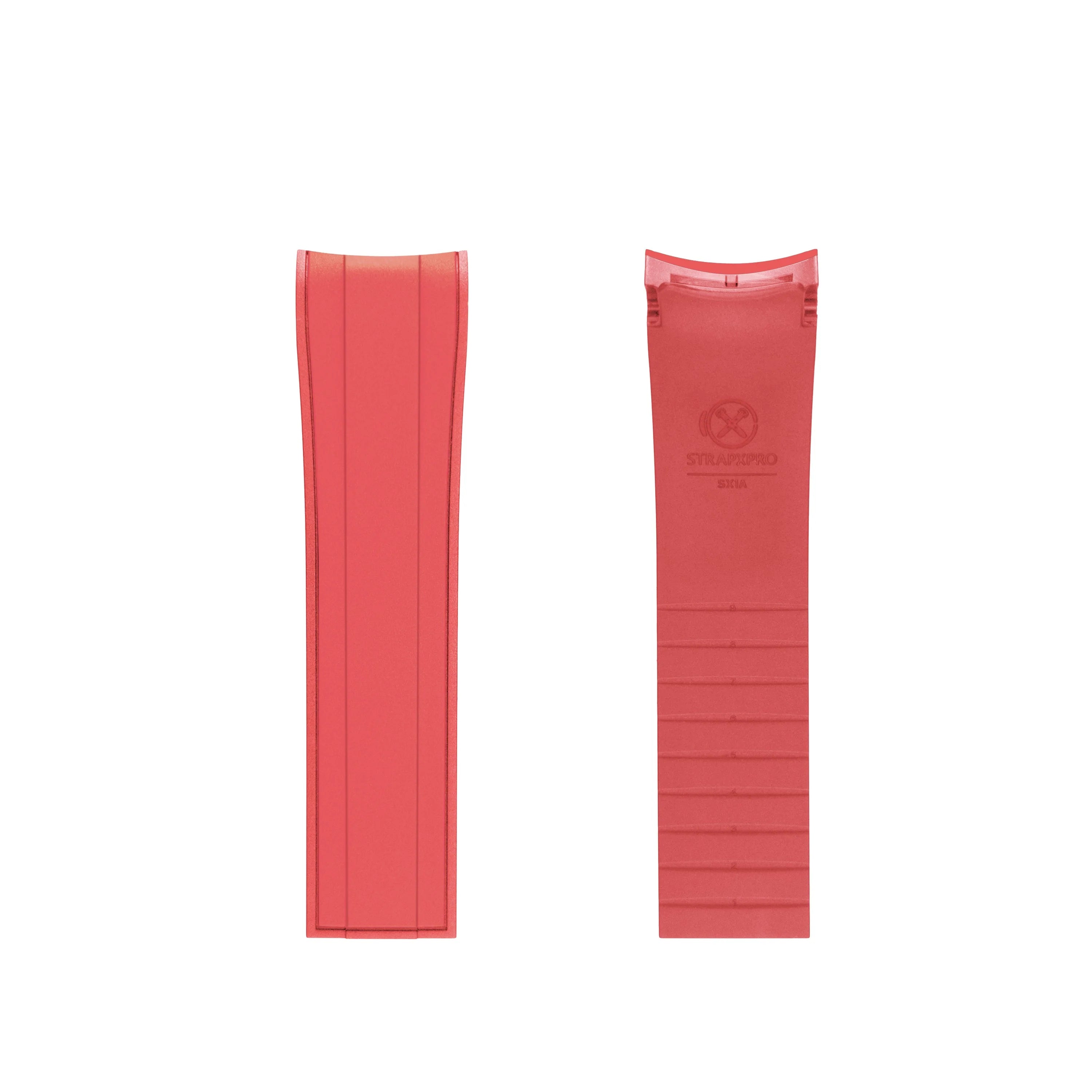 Red curved-end rubber strap for Seiko 5 Sports GMT watch with textured grip, front and back view