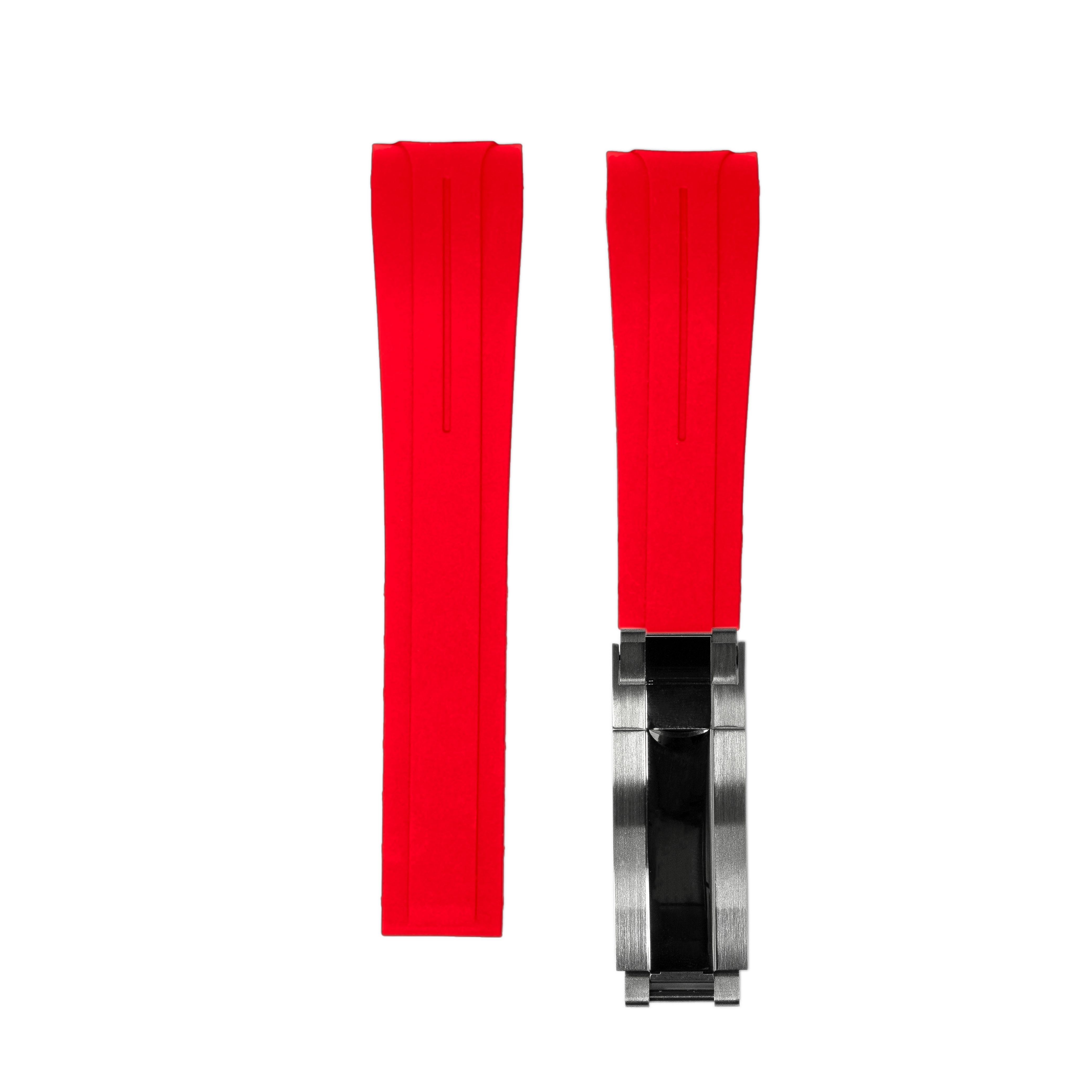 Red rubber curved watch strap with micro-adjustable stainless steel oyster clasp buckle