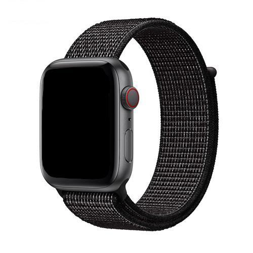 Space gray smartwatch with black woven sports loop velcro band, quick release design