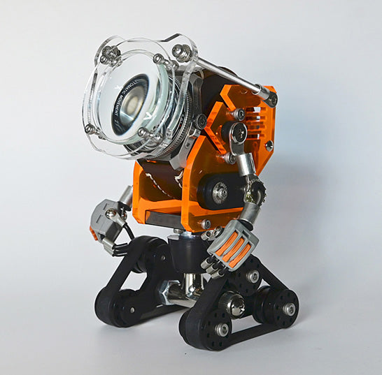 Orange RoboTank watch stand with clear acrylic display case and black wheeled base, front view
