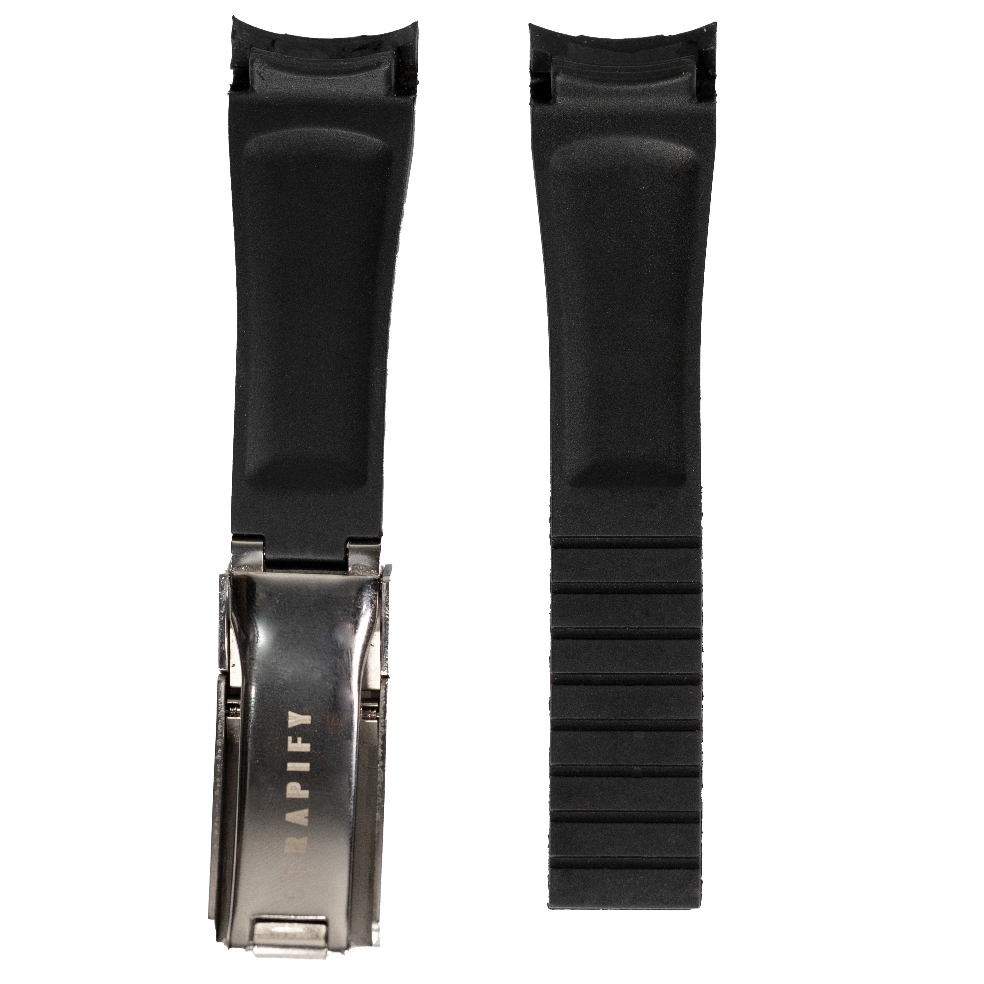 Black curved rubber watch strap 21mm with stainless steel oyster clasp, front and back view