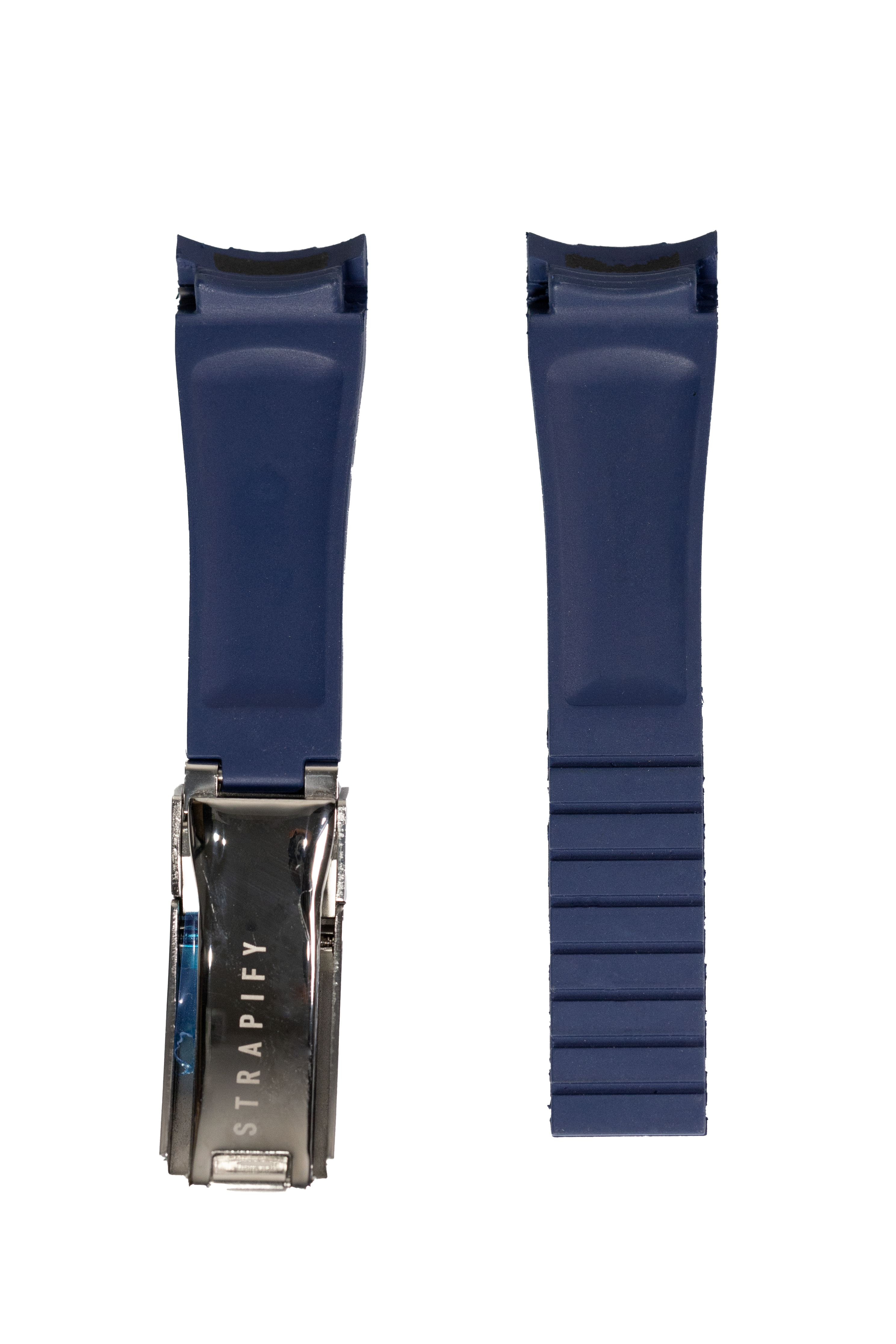 Navy blue curved rubber watch strap with stainless steel oyster clasp, front and back view