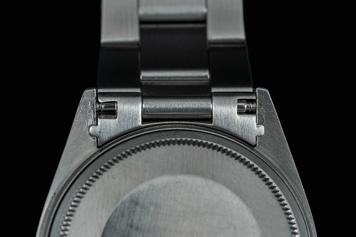 Stainless steel Senator bracelet with solid end links for Rolex Datejust 1601 1603 watches, top-down view