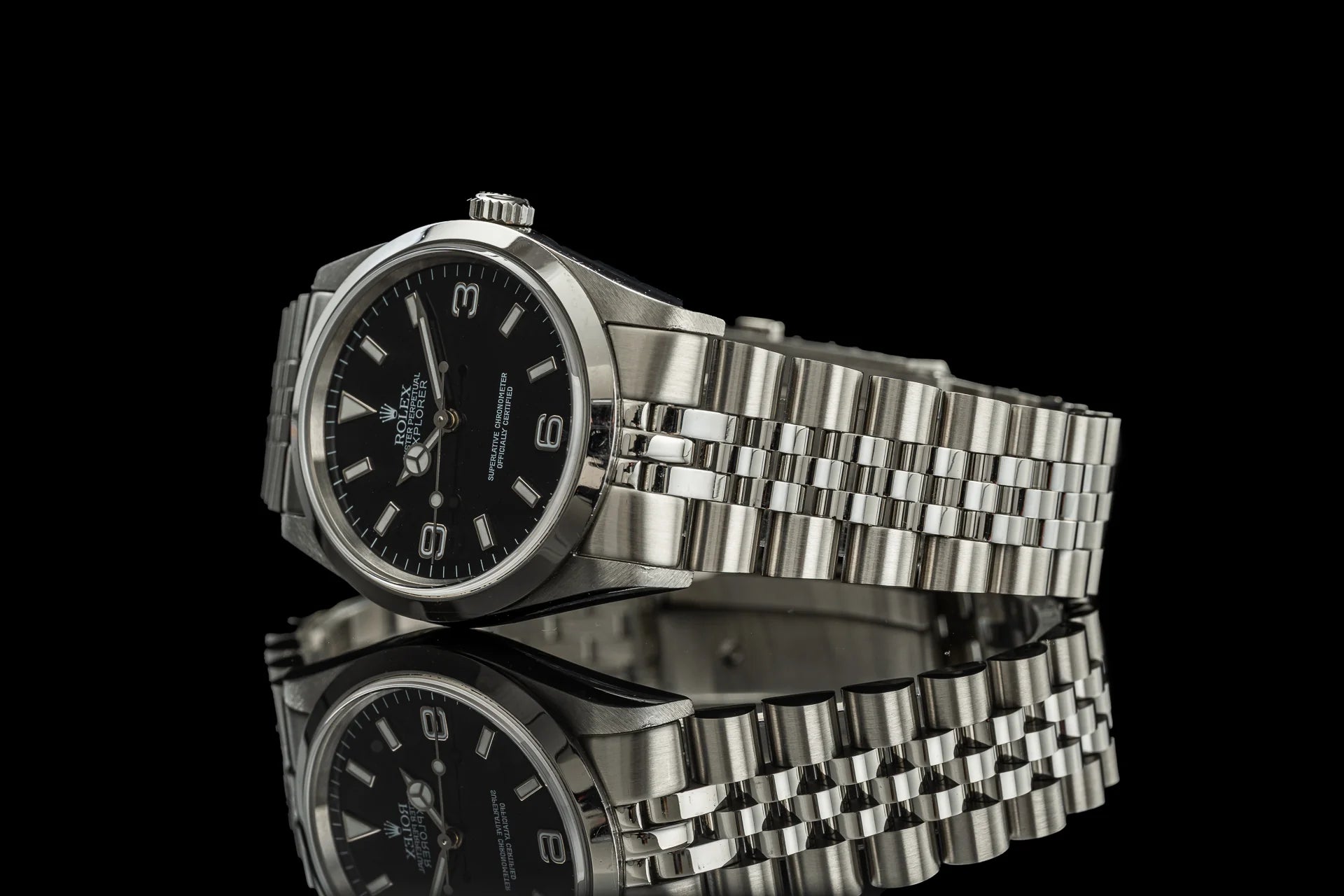 Stainless steel bracelet for Rolex Explorer 114270 watch with polished and brushed links, secure clasp, professional timepiece accessory
