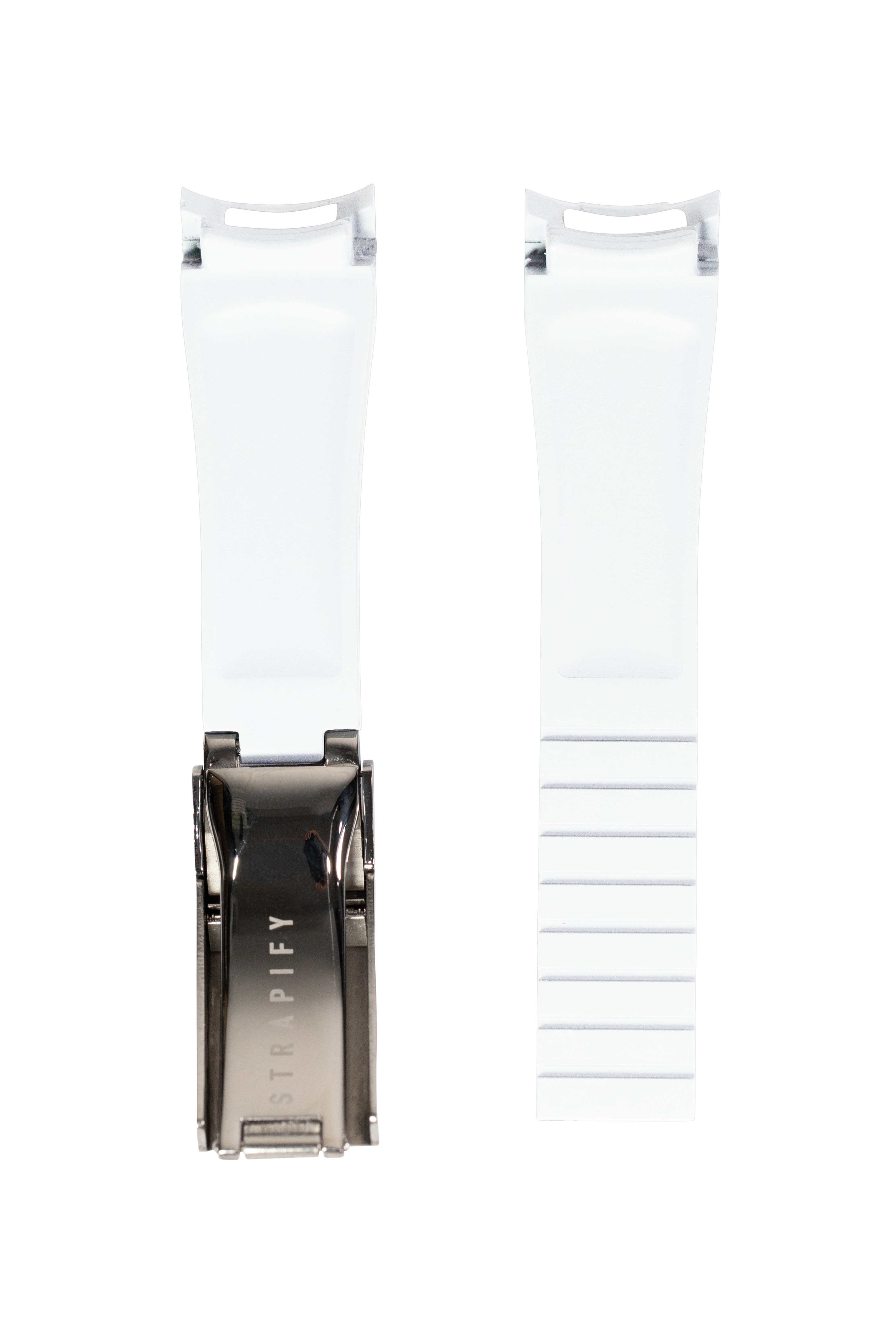Curved vulcanised rubber watch strap with oyster clasp in white, shown front and back view with metal hardware detail