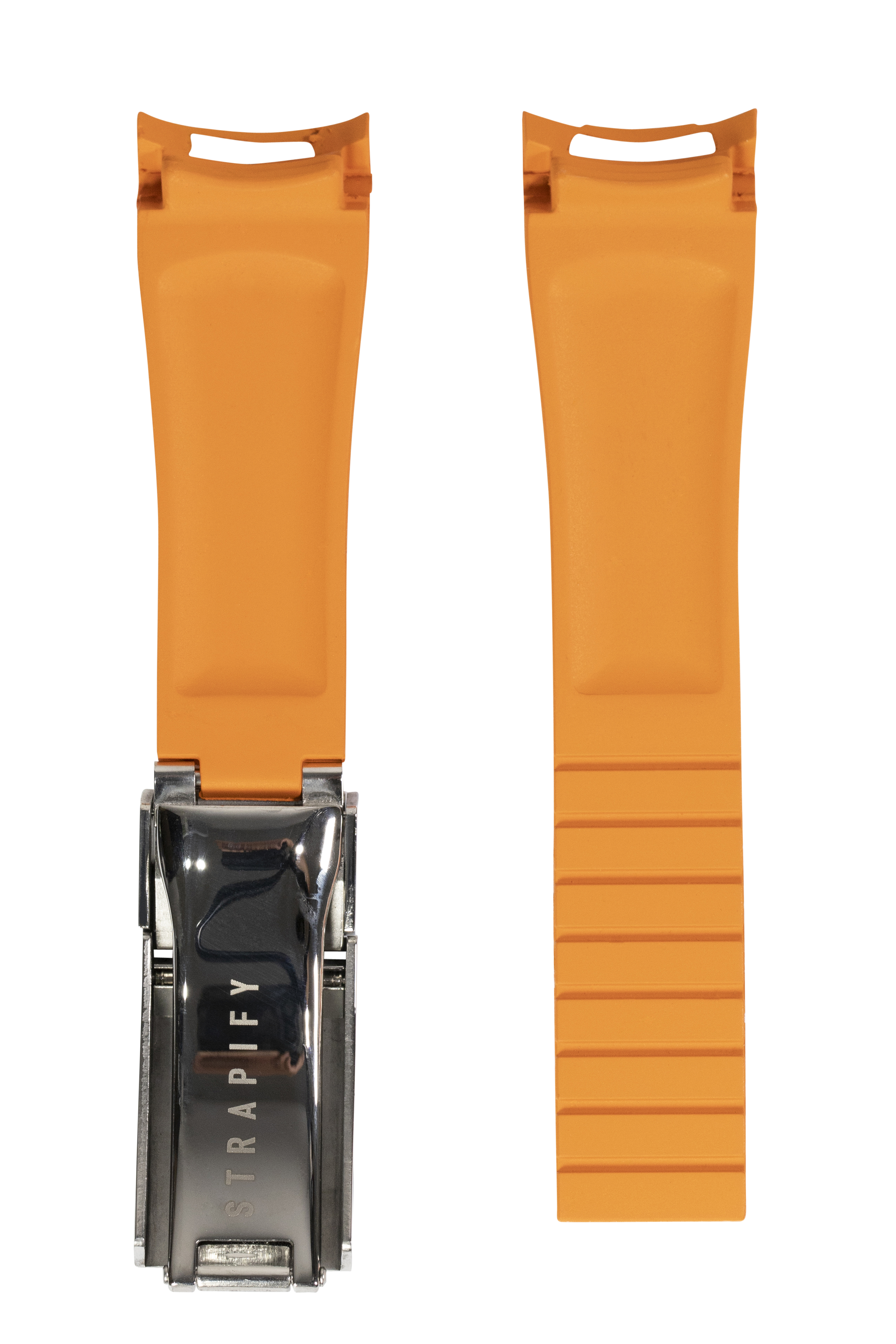Orange ratchet strap with curved vulcanised rubber and metal oyster clasp, front and back view