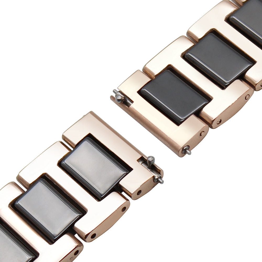 Two-tone rose gold and black ceramic quick release bracelet with metal link connectors displayed diagonally
