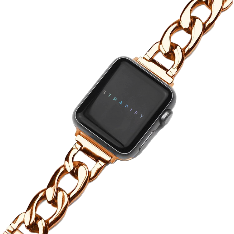 Strapify rose gold chain link bracelet for Apple Watch with black rectangular case on white background