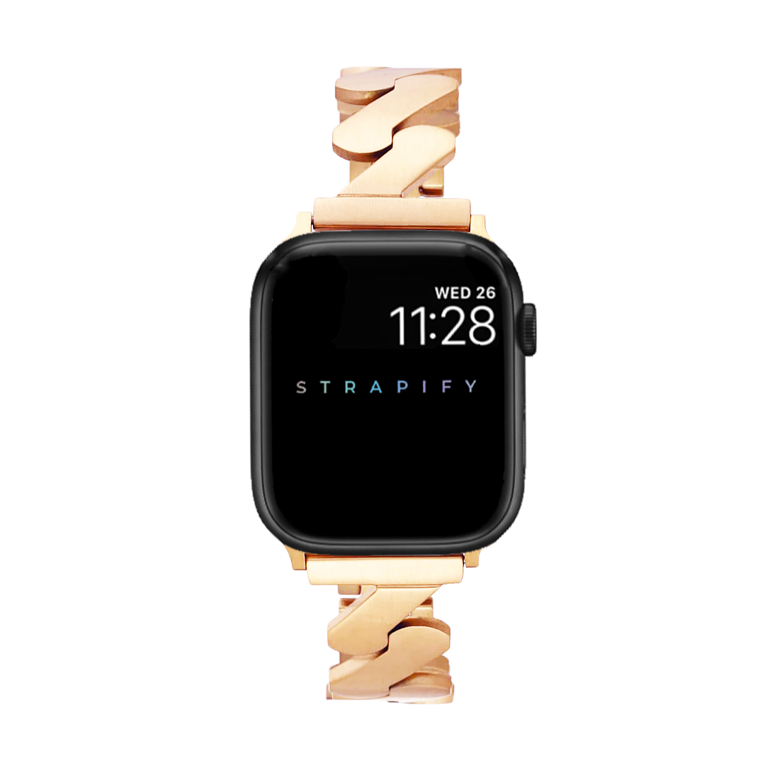Black smartwatch with rose gold jagged link bracelet band, displaying time 11:28 on Wednesday 26