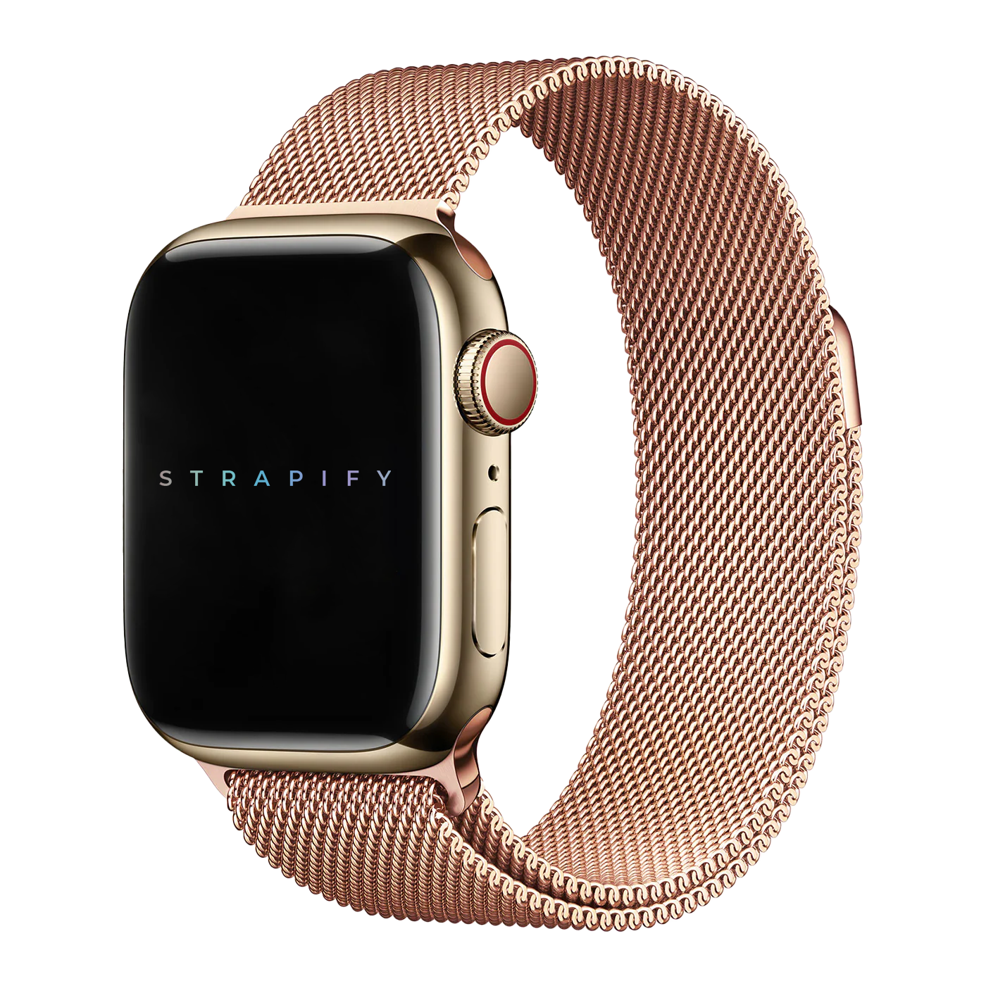 Gold stainless steel smartwatch with rose gold Milanese loop mesh band and red digital crown
