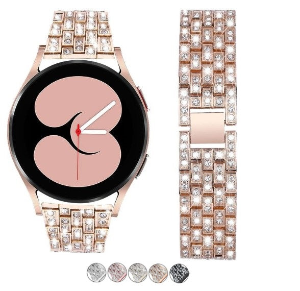 Rose gold crystal smartwatch with diamond-encrusted bracelet band and interchangeable watch faces