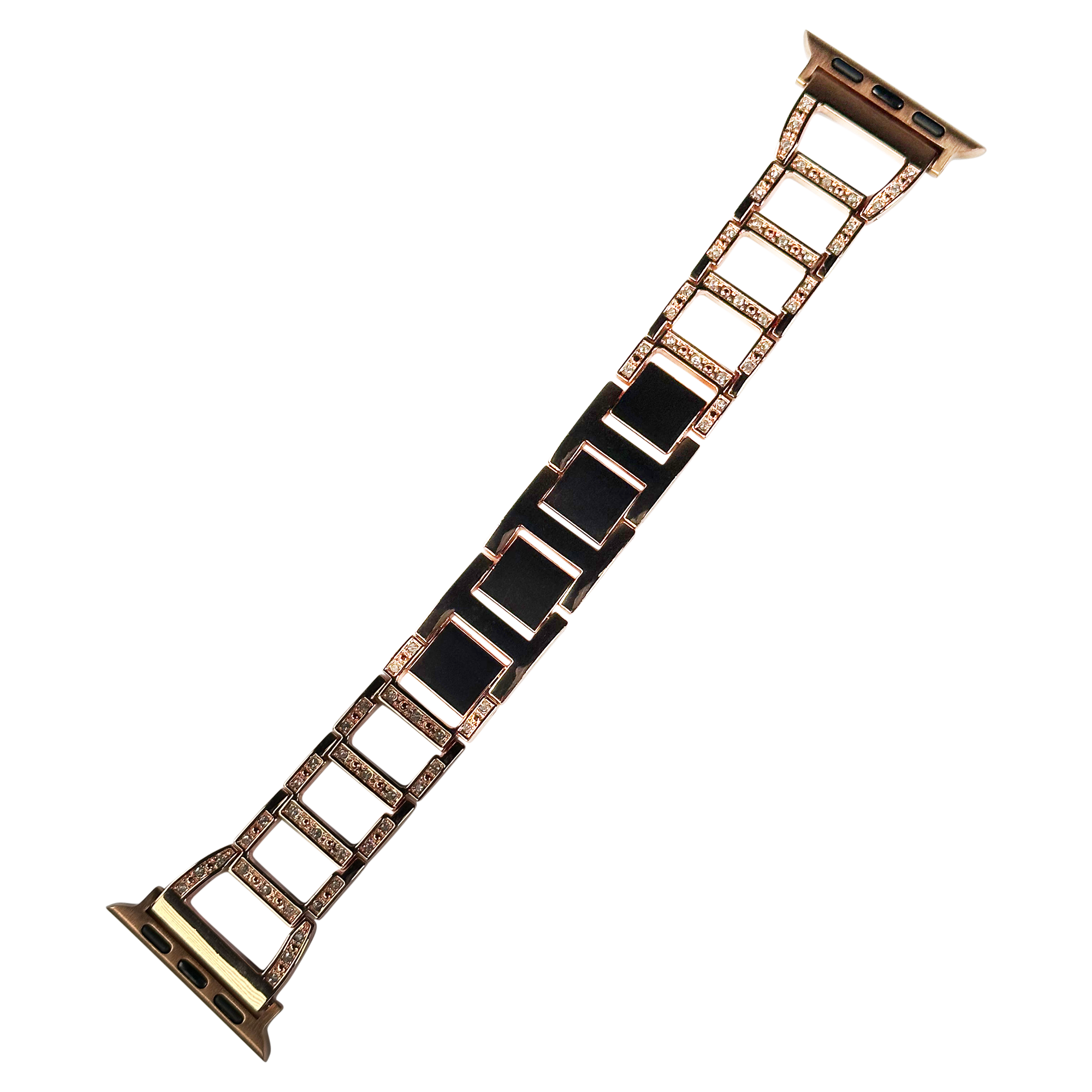 Rose gold and black ceramic smartwatch band with diamond-cut shimmer detail and square link design for Apple Watch