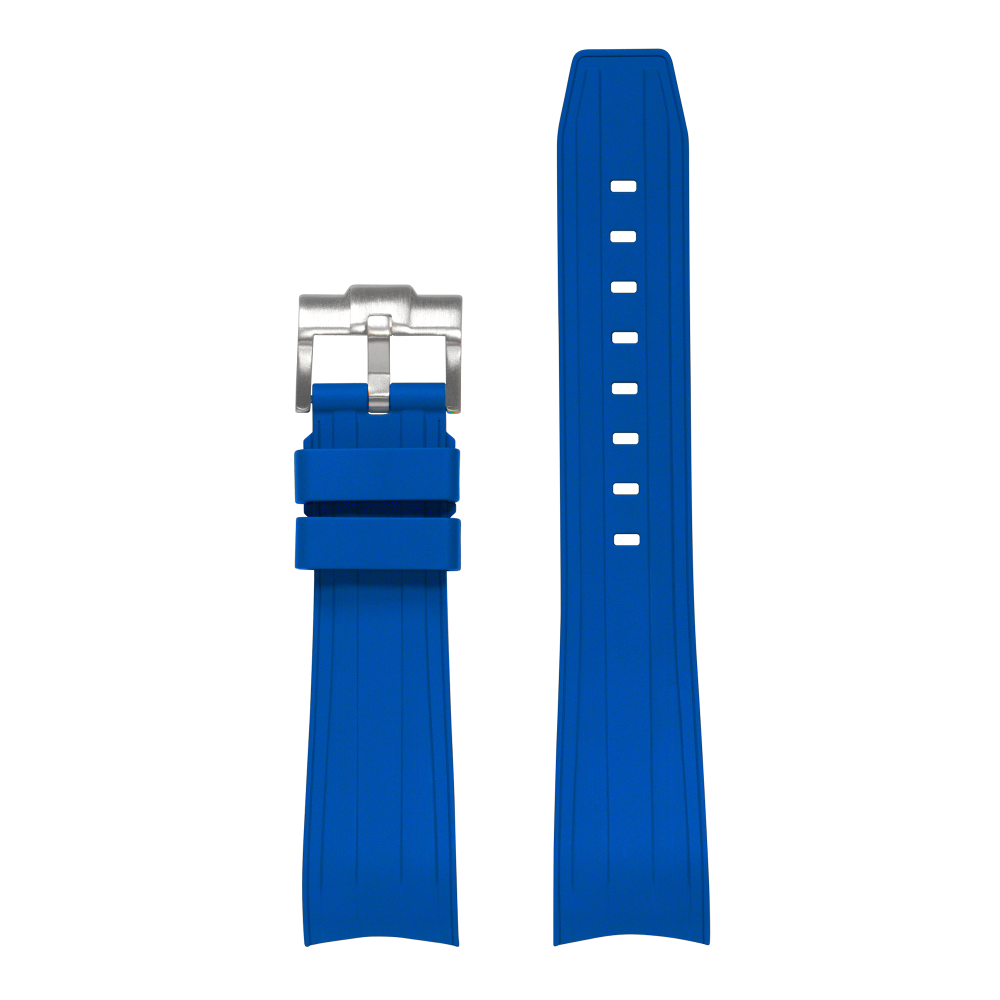 Blue rubber watch strap with curved ends, white hour markers, and stainless steel buckle for Rolex Submariner