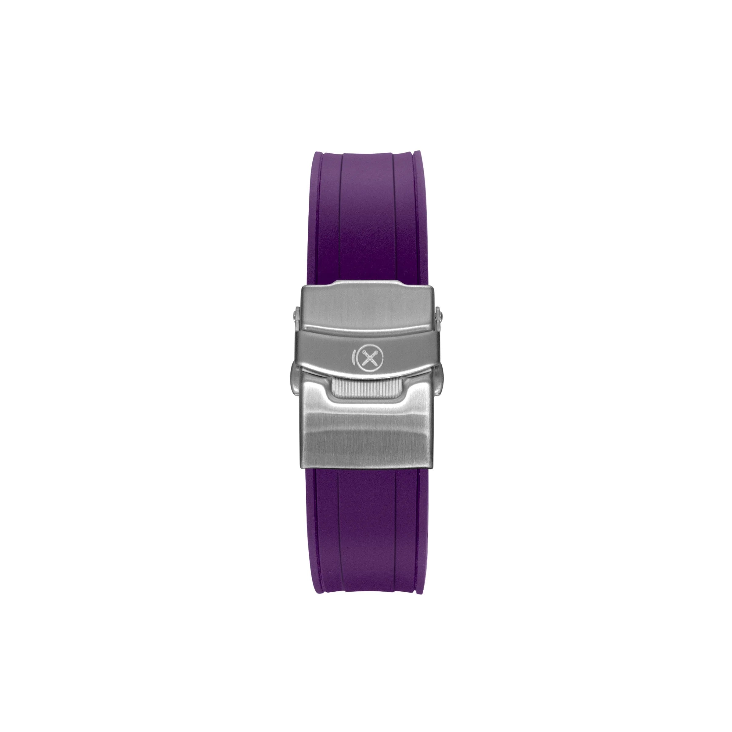 Purple rubber watch strap with curved ends and brushed steel military-style buckle for Seiko 5 Sports GMT