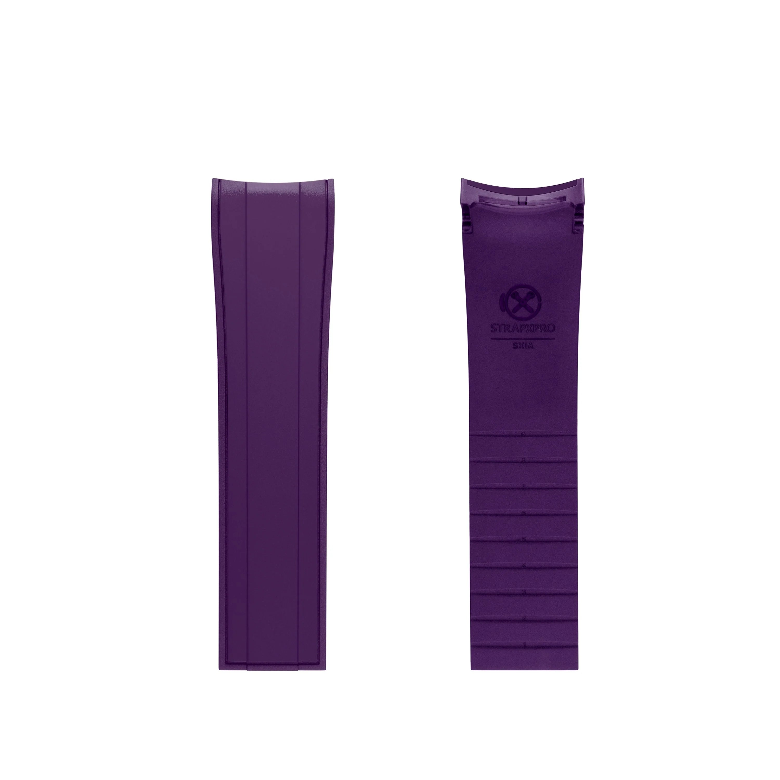 Purple rubber watch strap with curved ends for Seiko 5 Sports GMT, front and back view