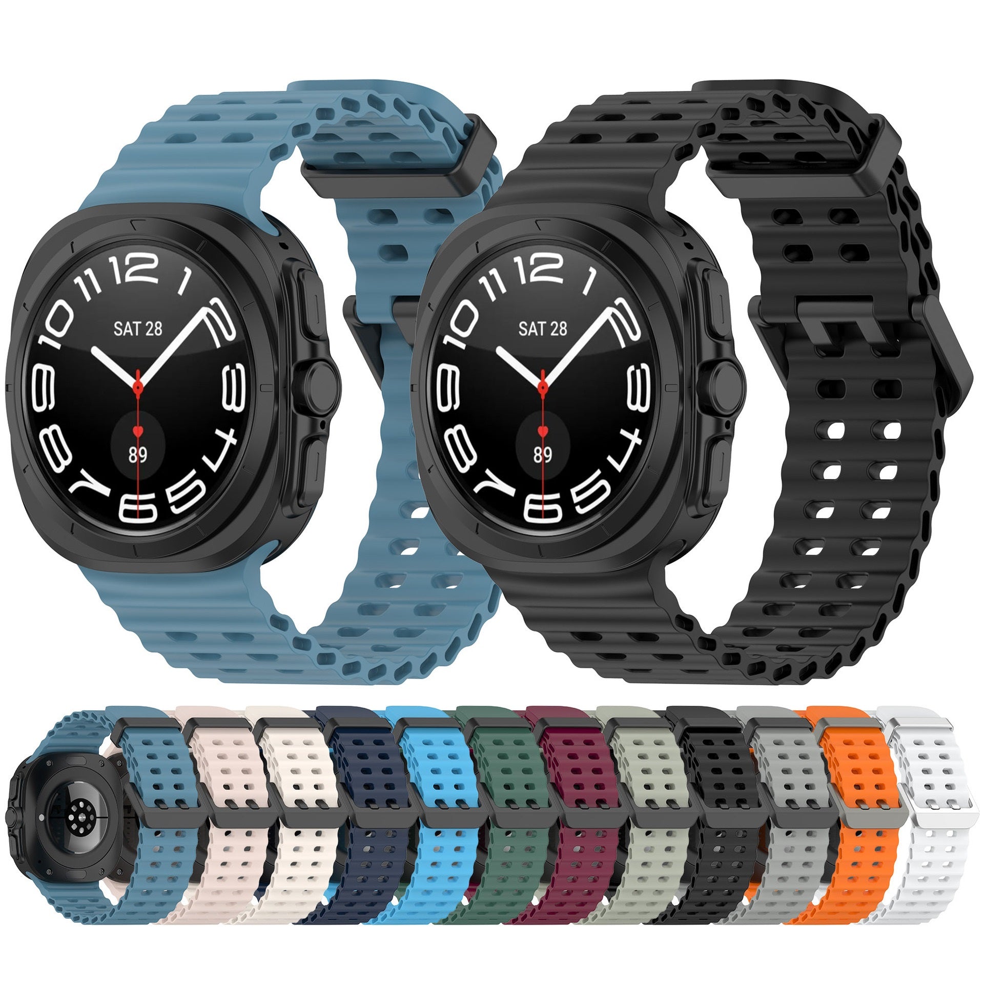Black rugged smartwatch with square face and perforated silicone bands in multiple colors including blue, black, cream, orange, green, and white